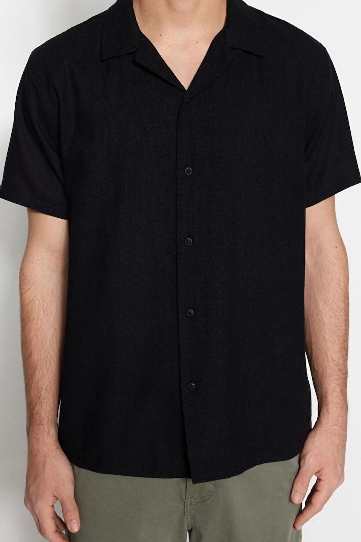 Erkek Moda Kısa Kol Dokuma Siyah Unisex Relaxed Fit  Gömlek