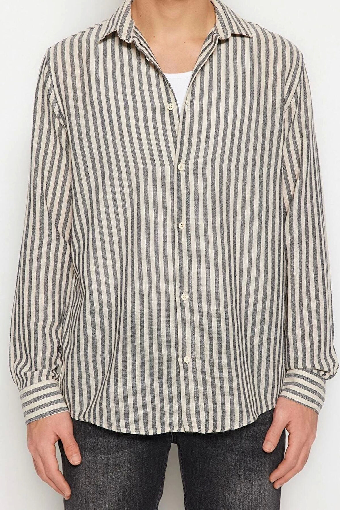 Erkek Moda Uzun Kol Dokuma Limited Edition Taş Regular Fit Çizgili Dokulu Gömlek