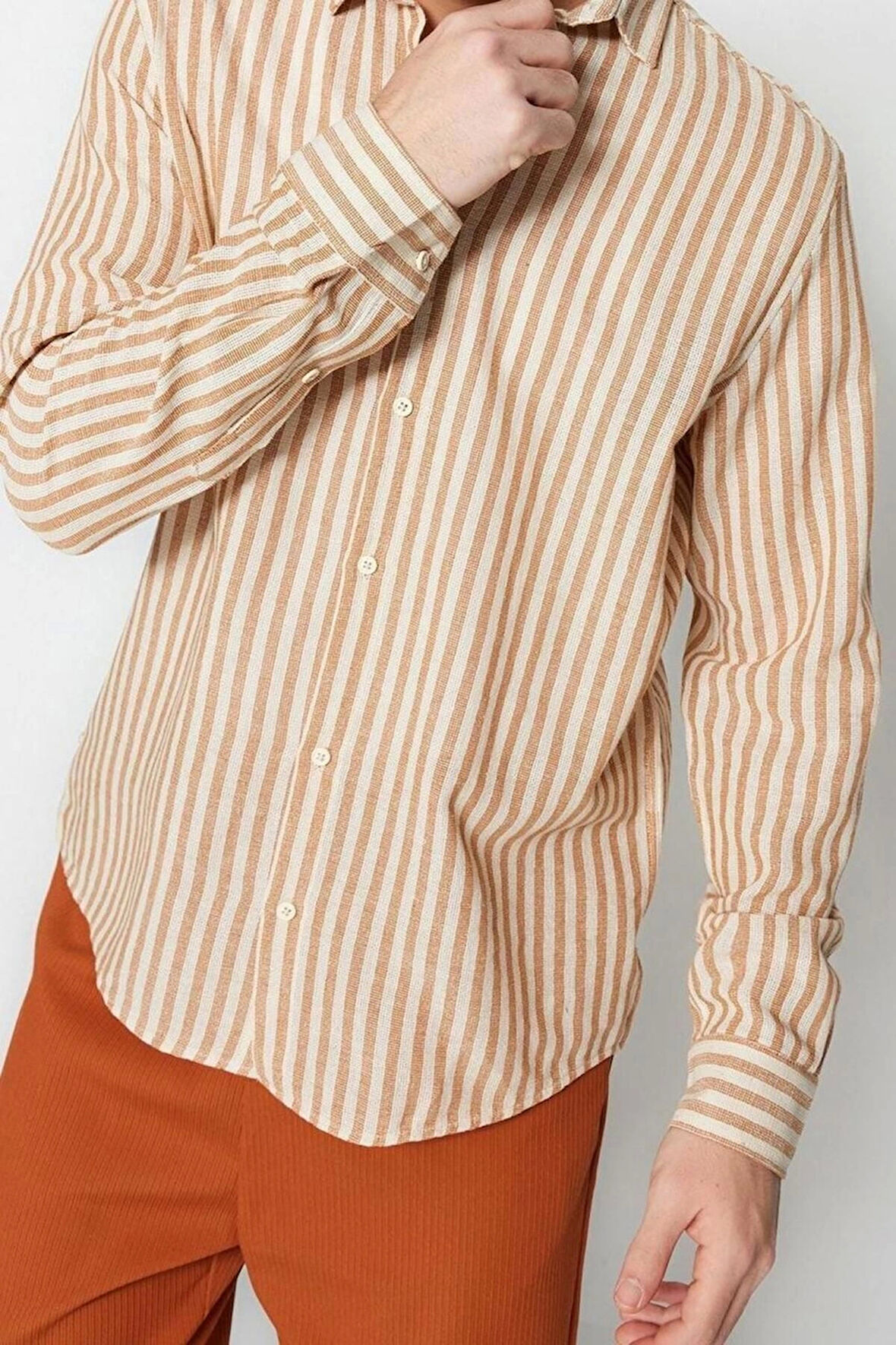 Erkek Moda Uzun Kol Dokuma Limited Edition Taş Regular Fit Çizgili Dokulu Gömlek