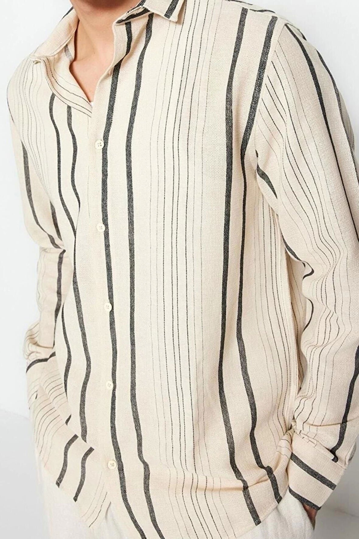 Erkek Moda Uzun Kol Dokuma Limited Edition Regular Fit Siyah Çizgili Keten Dokulu Gömlek