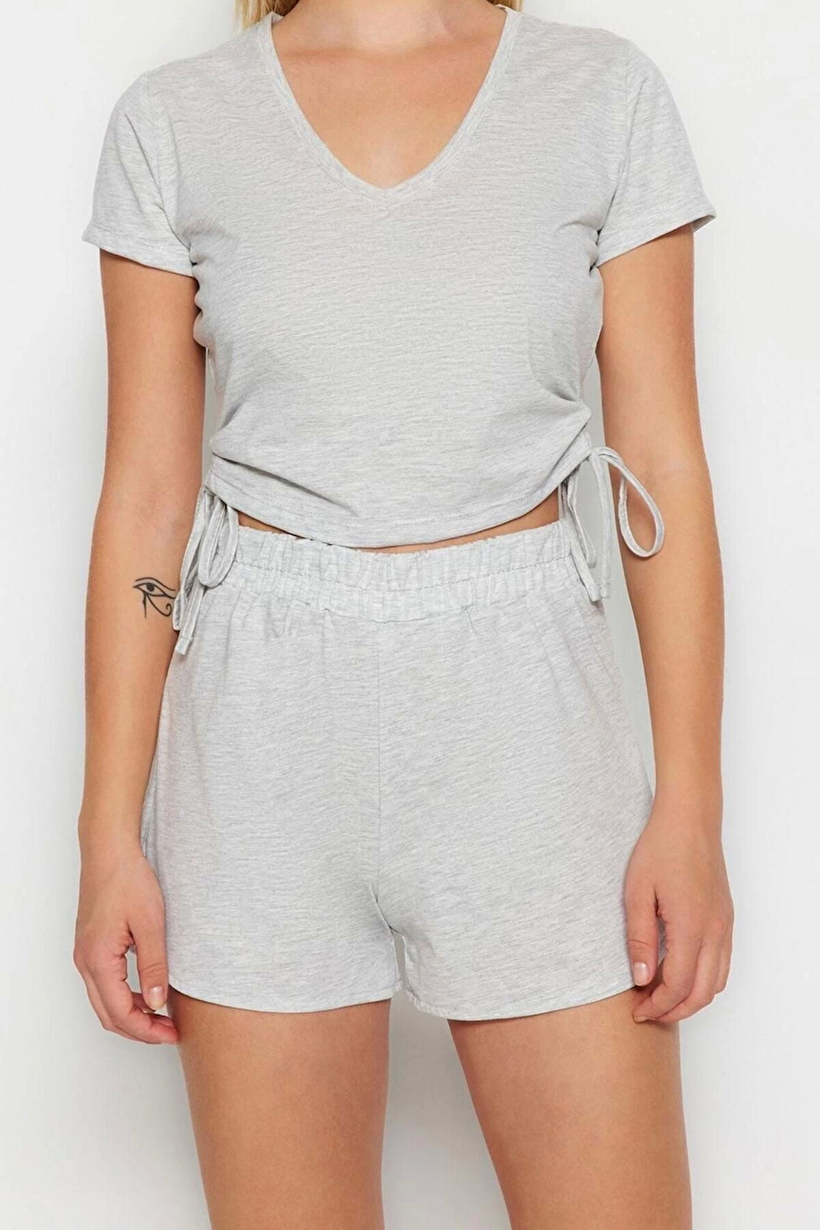 Kadın Pamuk Polyester V Yaka Kısa Kol Pamuklu Büzgülü T-shirt-Şort Örme Pijama Takımı