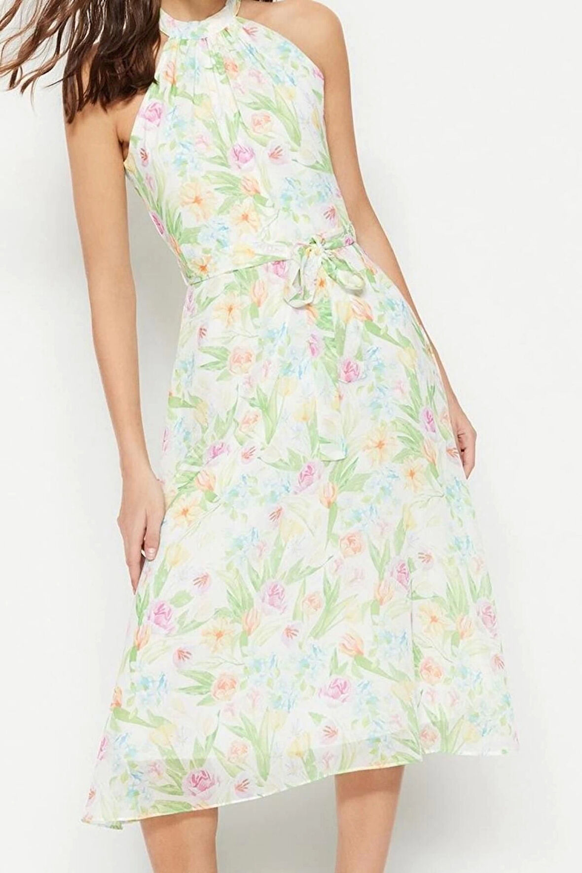 Kadın Moda Midi Boy Halter Yaka Regular Çiçek Desenli Kuşaklı A Kesim Kolsuz Astarlı Dokuma Elbise