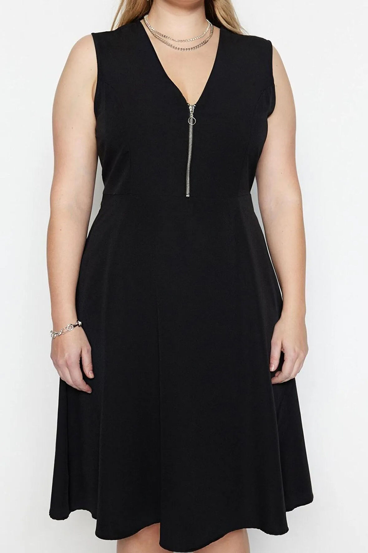 Yeni Rahat Casual Günlük Terrycotton Dokuma V Yaka Askılı Kol Skater Midi Boy Büyük Beden Elbise