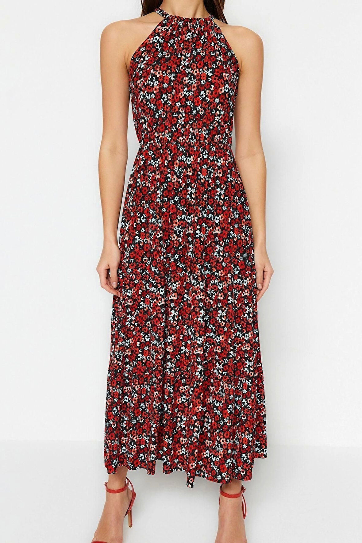 Yeni Regular Günlük Polyester Kaşkorse Örme Boyundan Bağlamalı Kolsuz Kol Skater Maxi Boy Elbise