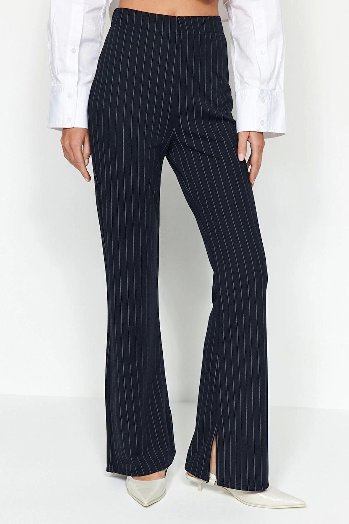 Kadın Moda İspanyol Paça Uzun Boy Örme Smart Yırtmaçlı Flare Yüksek Bel Çizgili Örme Tayt Pantolon