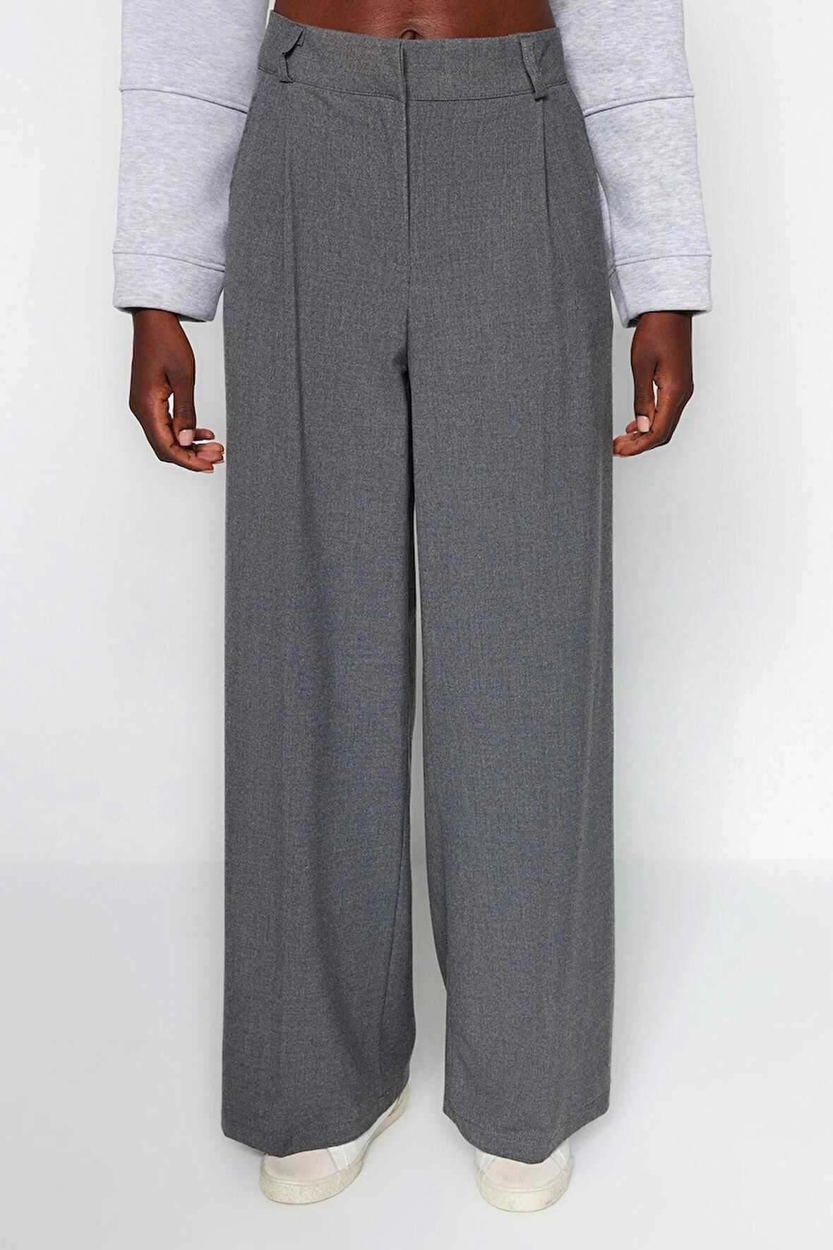 Kadın Yeni Moda Geniş Paça Uzun Boy Dokuma Antrasit Palazzo Extra Geniş Paça Pantolon