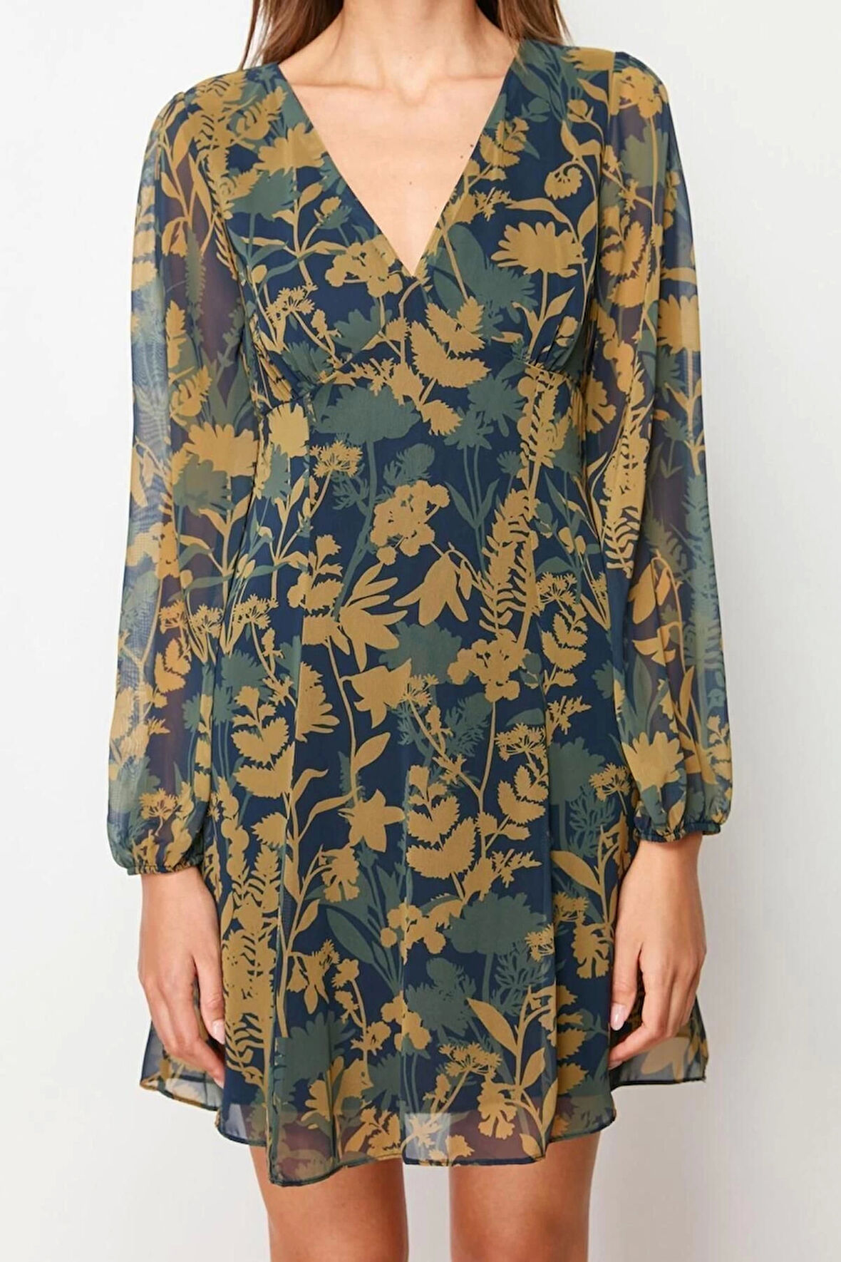 Yeni Regular Gündüz Gece Şifon Dokuma V Yaka Uzun Kol A-Line Mini Boy Elbise