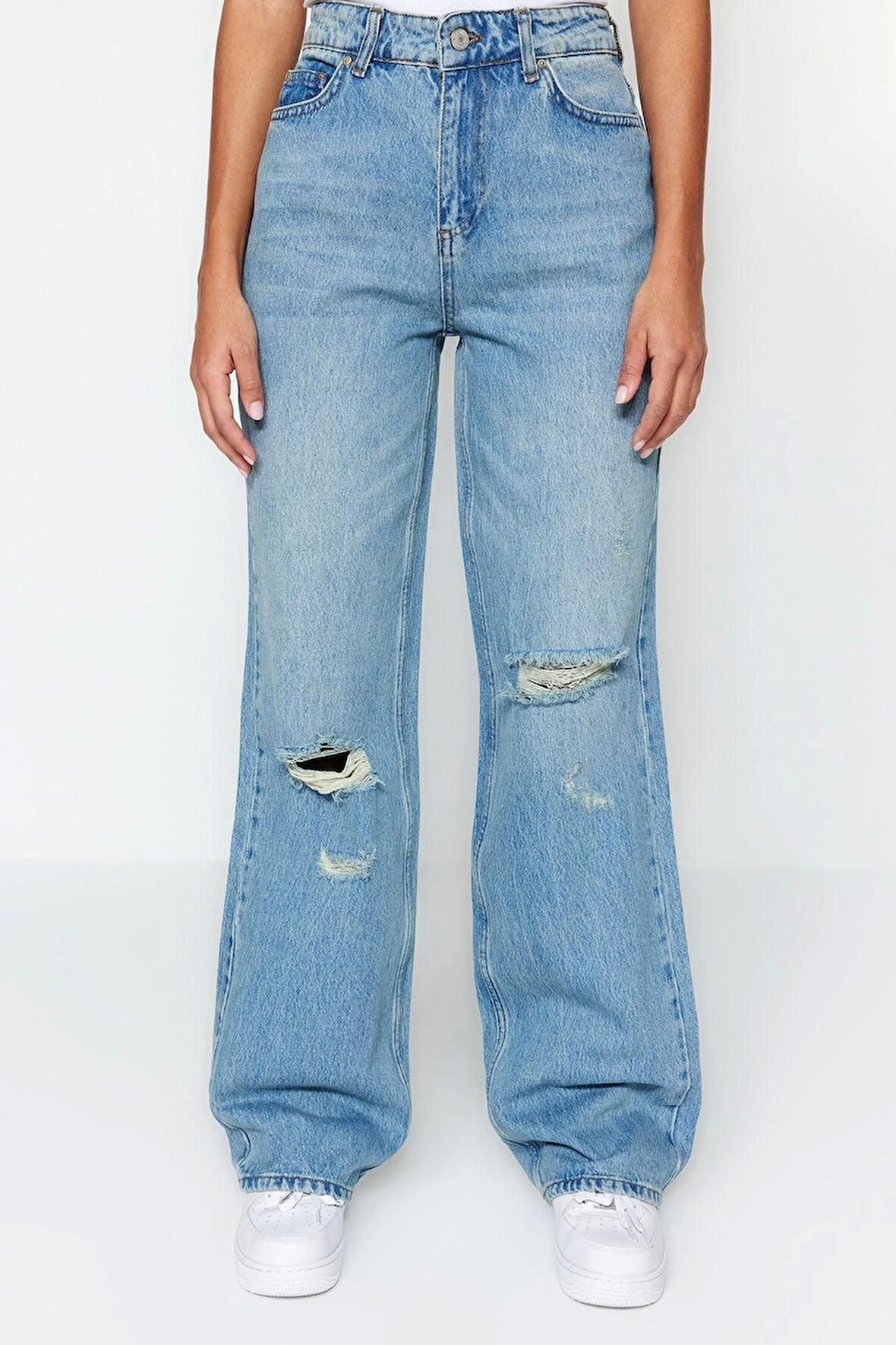 Kadın Moda Şık Kot Pantolon Geniş Paça Regular Boy Denim Vintage Yırtık Detaylı Düşük Bel Jeans