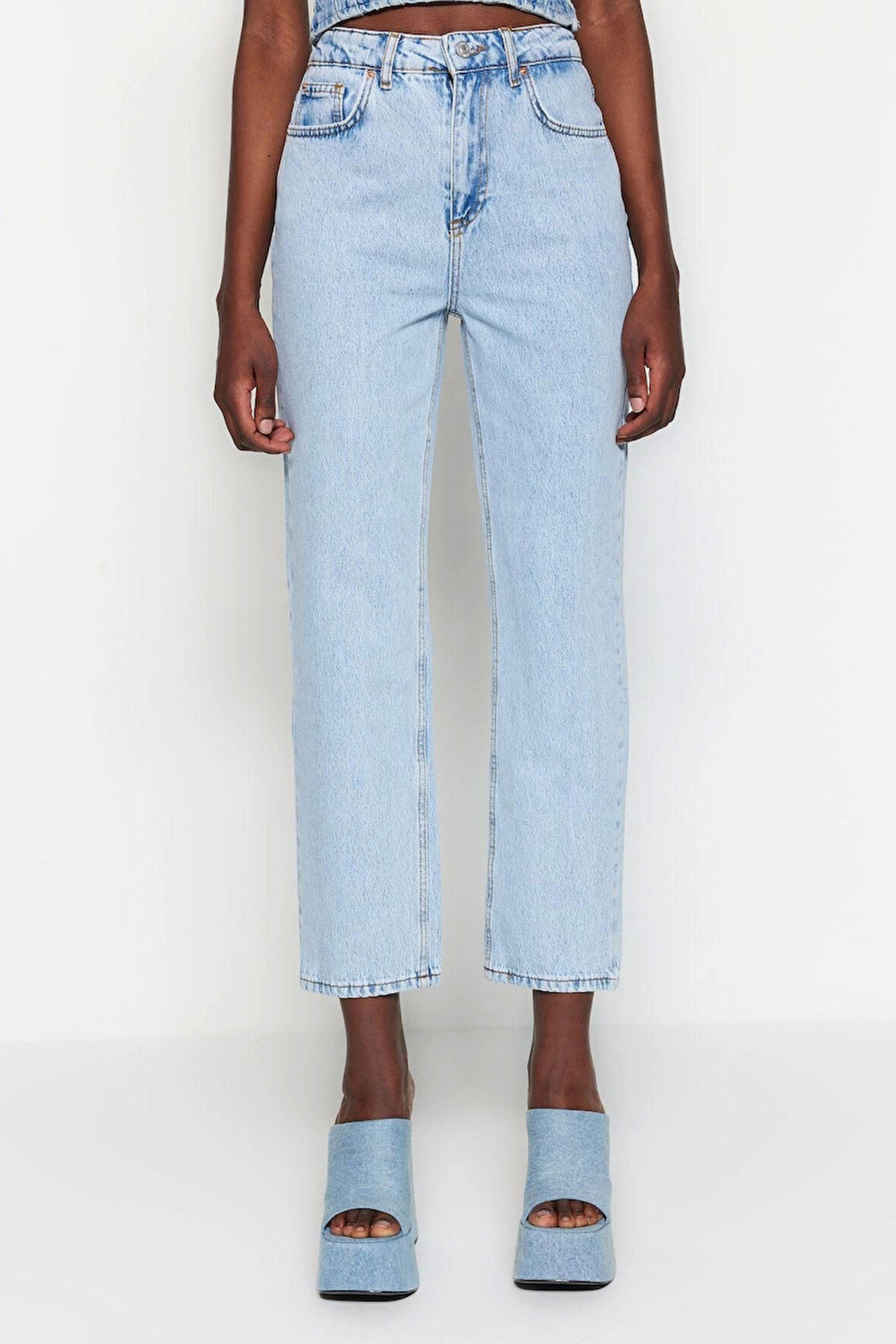 Kadın Moda Şık Kot Pantolon Boru Paça Regular Boy Denim Yüksek Bel Straight Jeans