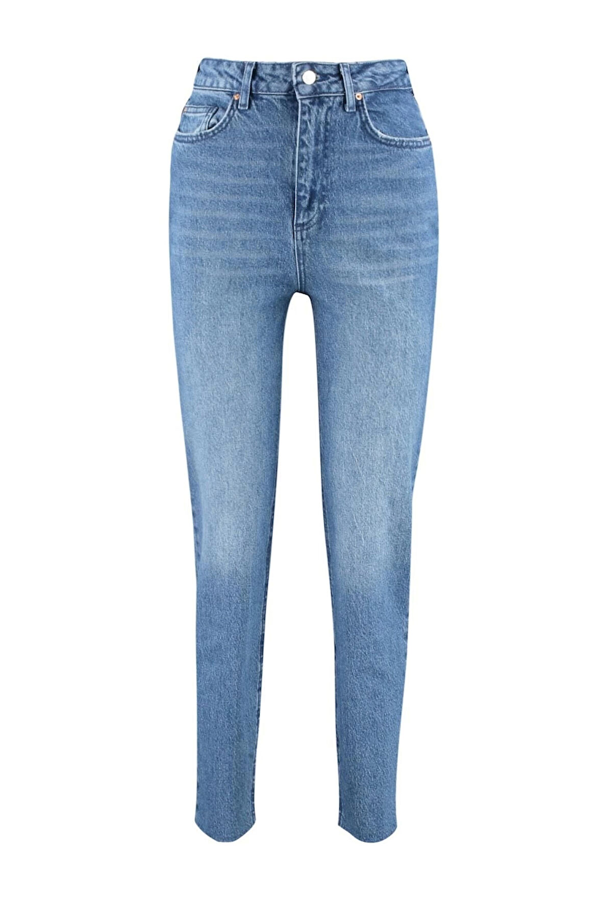 Kadın Moda Şık Kot Pantolon Boru Paça Uzun Boy Denim Ekru Yüksek Bel Slim Mom Jeans