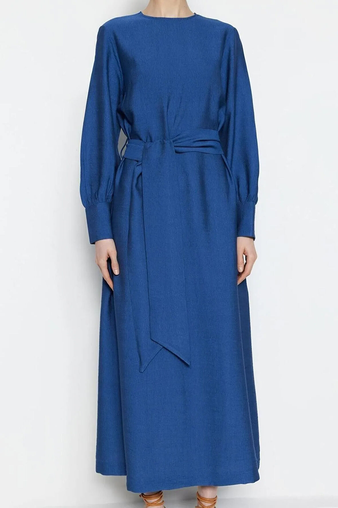 Yeni Regular Günlük Keten Aerobin Dokuma Bisiklet Yaka Uzun Kol Shift Maxi Boy Tesettür Elbise