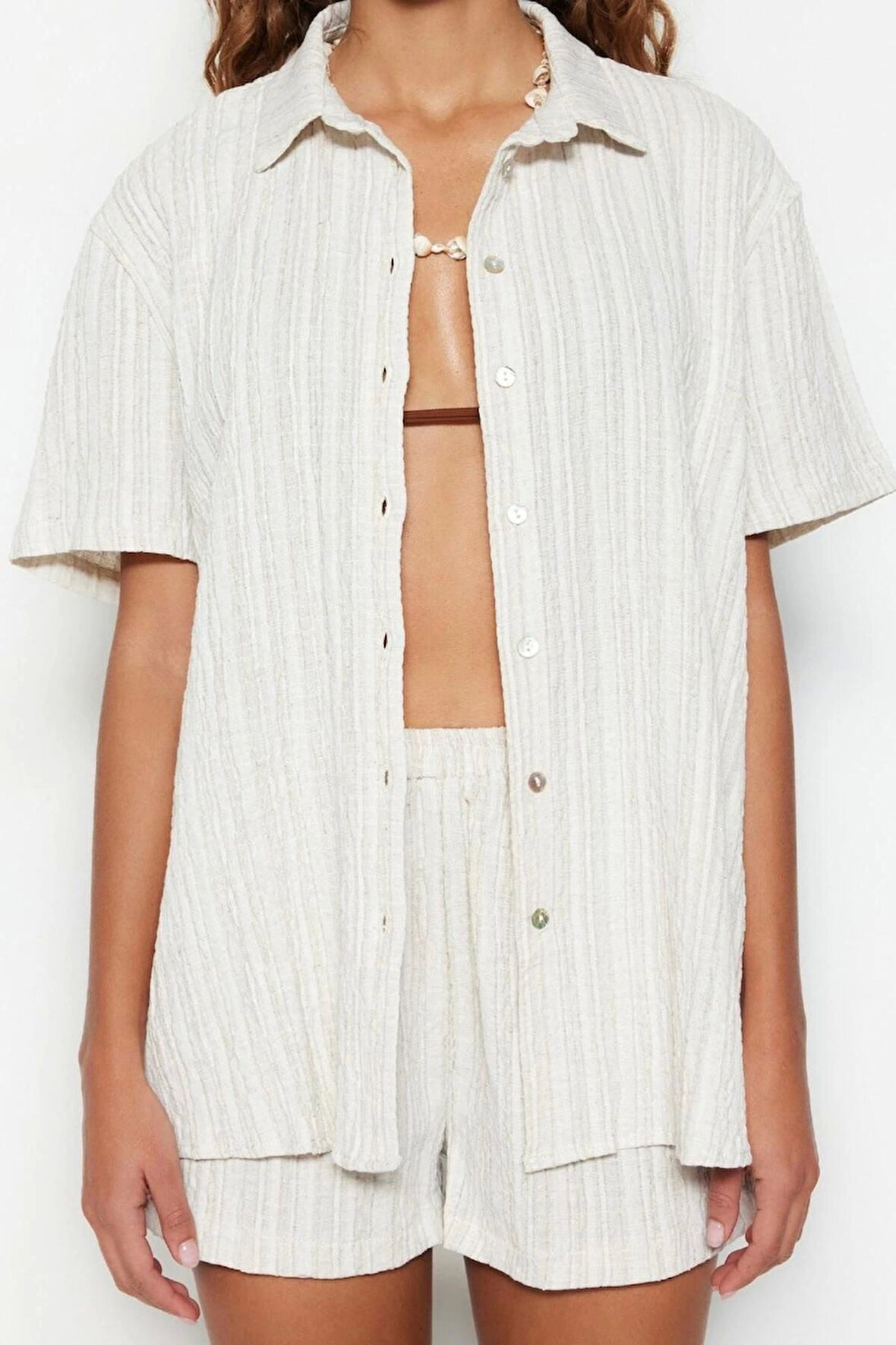 Kadın Moda Şık Regular Kısa Boy Uzun Kollu Dokuma Keten Karışımlı Gömlek Şort Takım