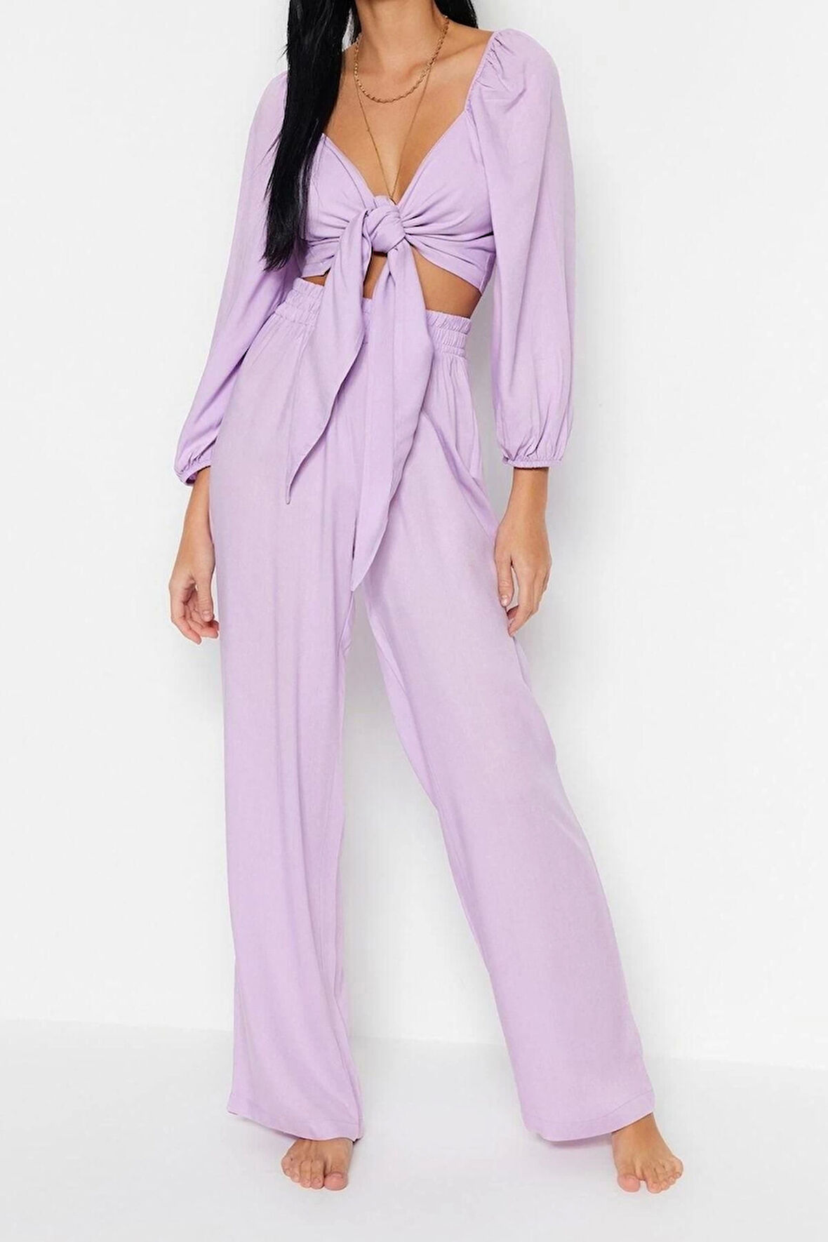 Kadın Moda Şık Regular Uzun Boy Uzun Kollu Yeşil Dokuma Bağlamalı Bluz Pantolon Takım