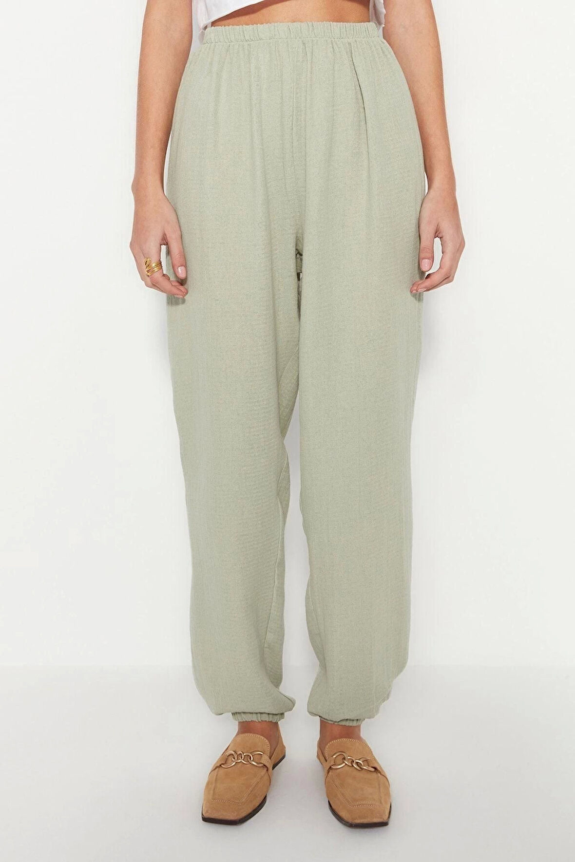 Kadın Yeni Moda Lastikli Paça Uzun Boy Dokuma Jogger Muslin Pantolon