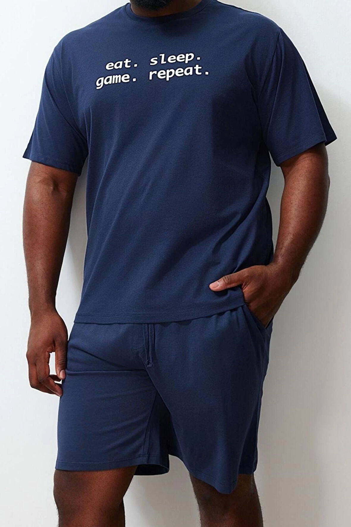 Büyük Beden Erkek Bisiklet Yaka Kısa Kol Regular Fit Rahat Slogan Baskılı Örme Şortlu Pijama Takımı