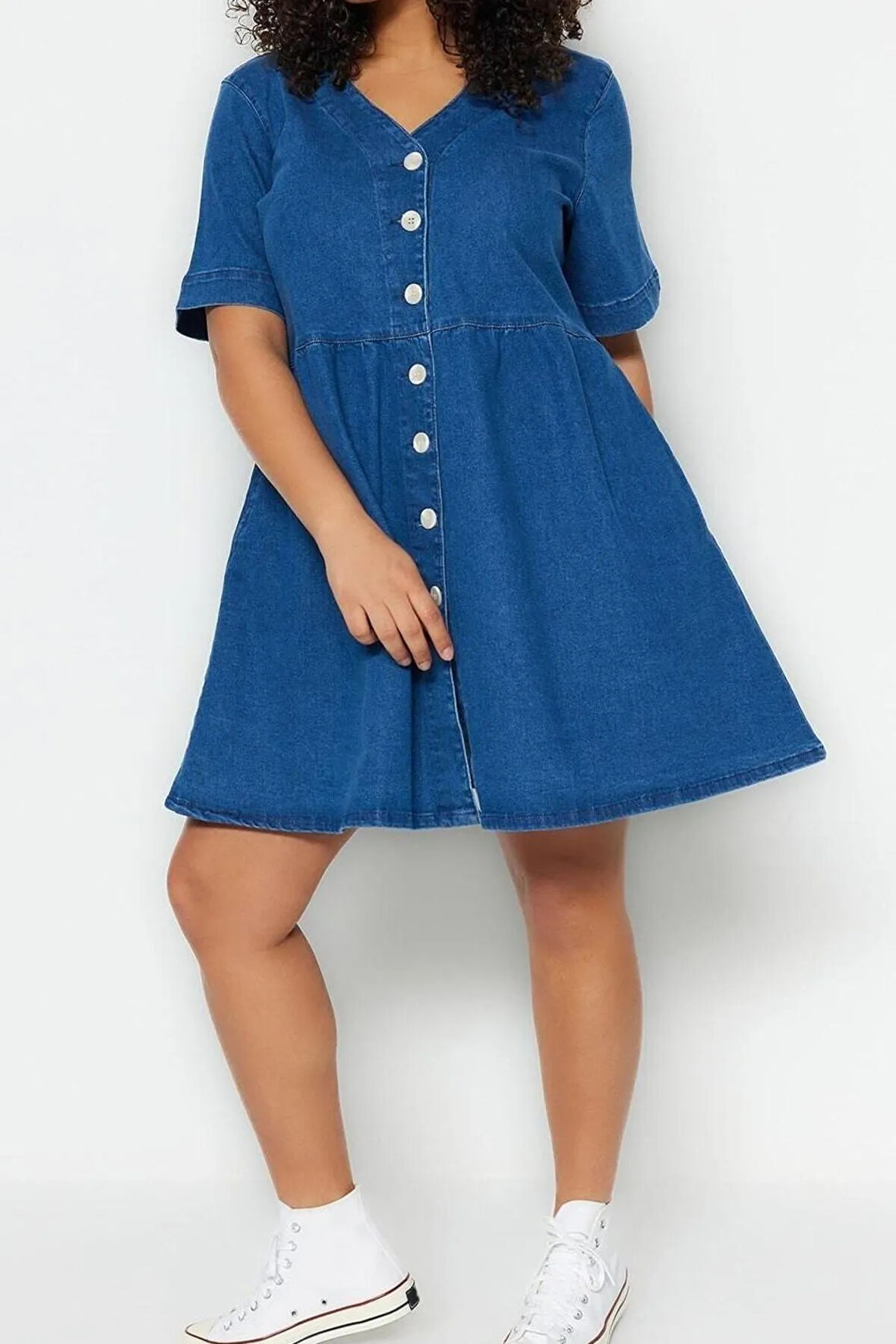 Yeni Rahat Casual Günlük Comfort Denim V Yaka Kısa Kol A-Line Mini Boy Büyük Beden Elbise