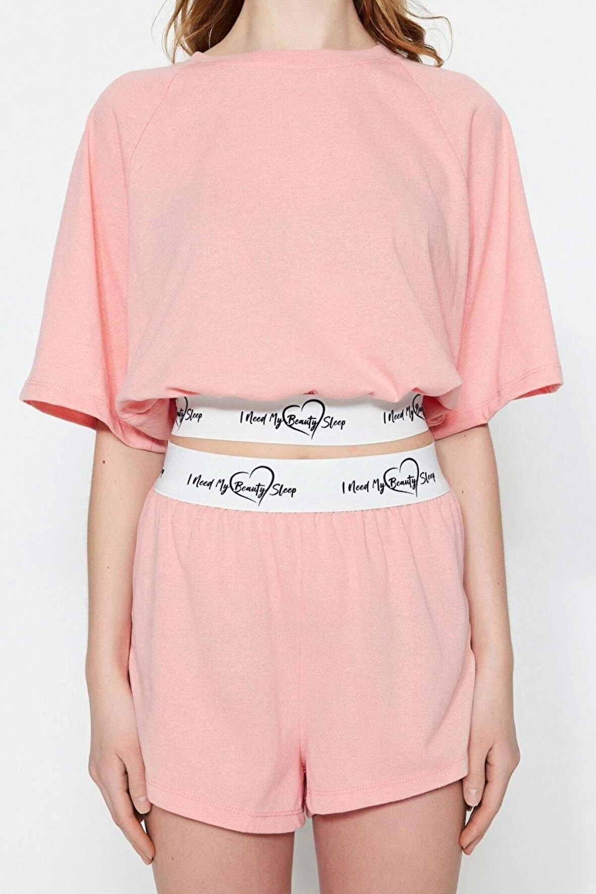 Kadın Pamuklu Bisiklet Yaka Kısa Kol Pamuklu Lastik Detaylı T-shirt-Şort Örme Pijama Takımı