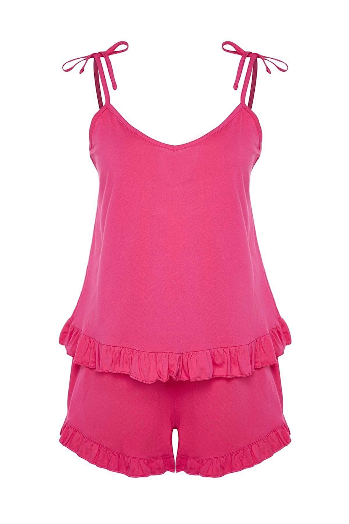 Büyük Beden Kadın Pamuklu V Yaka Askılı Kol Askılı Örme Fırfır Detaylı Pijama Takımı