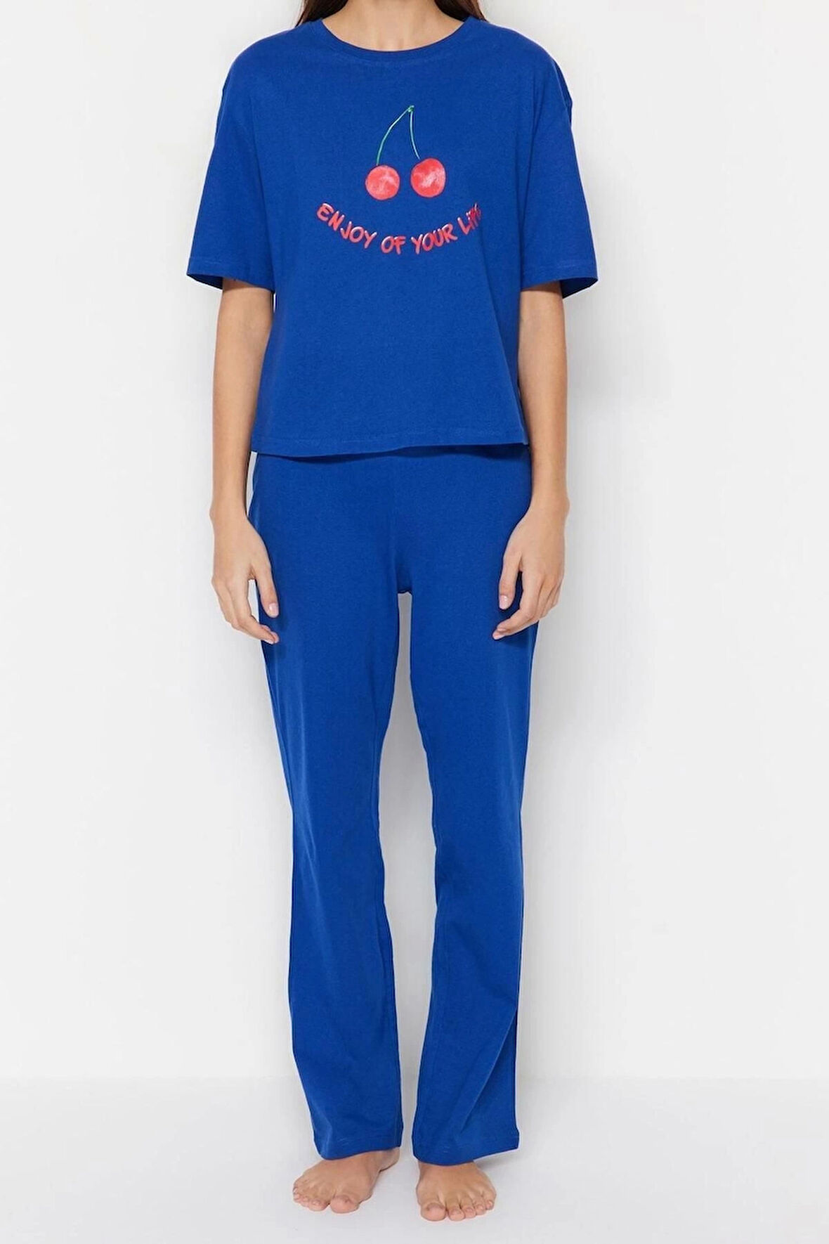 Kadın Bisiklet Yaka Kısa Kol Pamuklu Kiraz Baskılı T-shirt-Pantolon Örme Pijama Takımı
