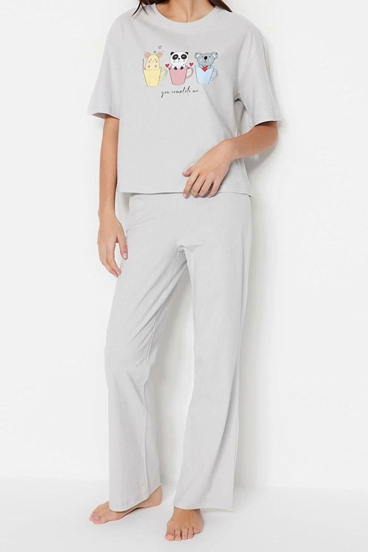 Kadın Bisiklet Yaka Kısa Kol Pamuklu Kiraz Baskılı T-shirt-Pantolon Örme Pijama Takımı