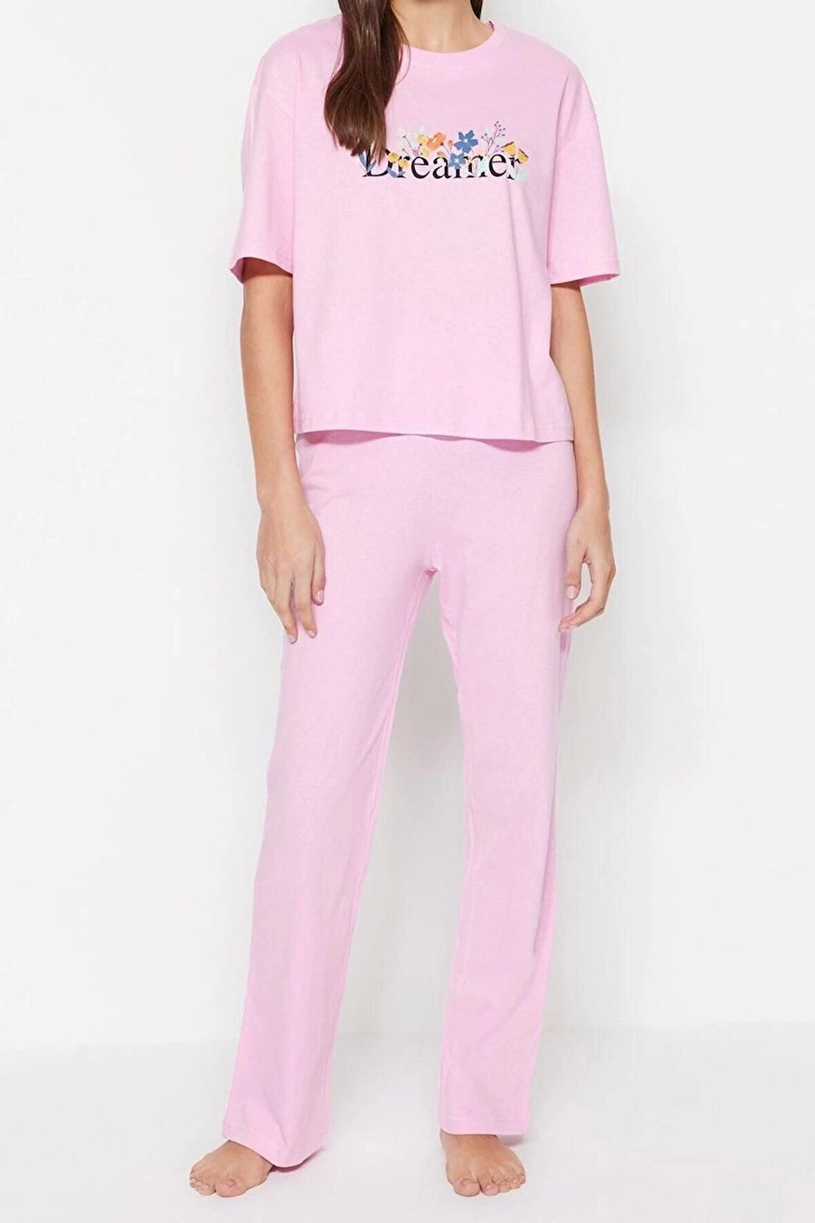 Kadın Bisiklet Yaka Kısa Kol Pamuklu Kiraz Baskılı T-shirt-Pantolon Örme Pijama Takımı