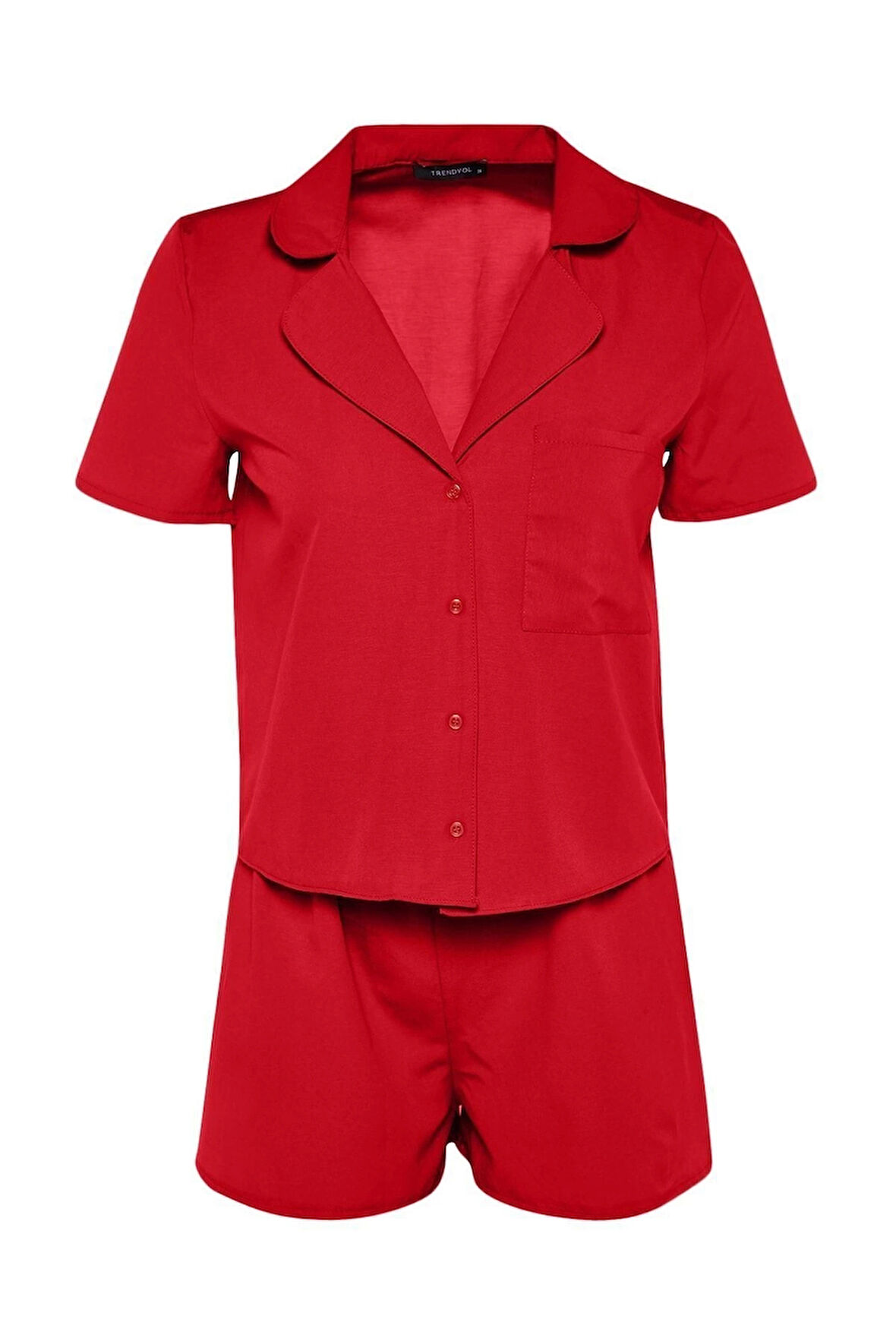 Kadın Moda Şık Gömlek Yaka Boru Paça Uzun Kol Terrycotton Gömlek-Şort Dokuma Pijama Takımı