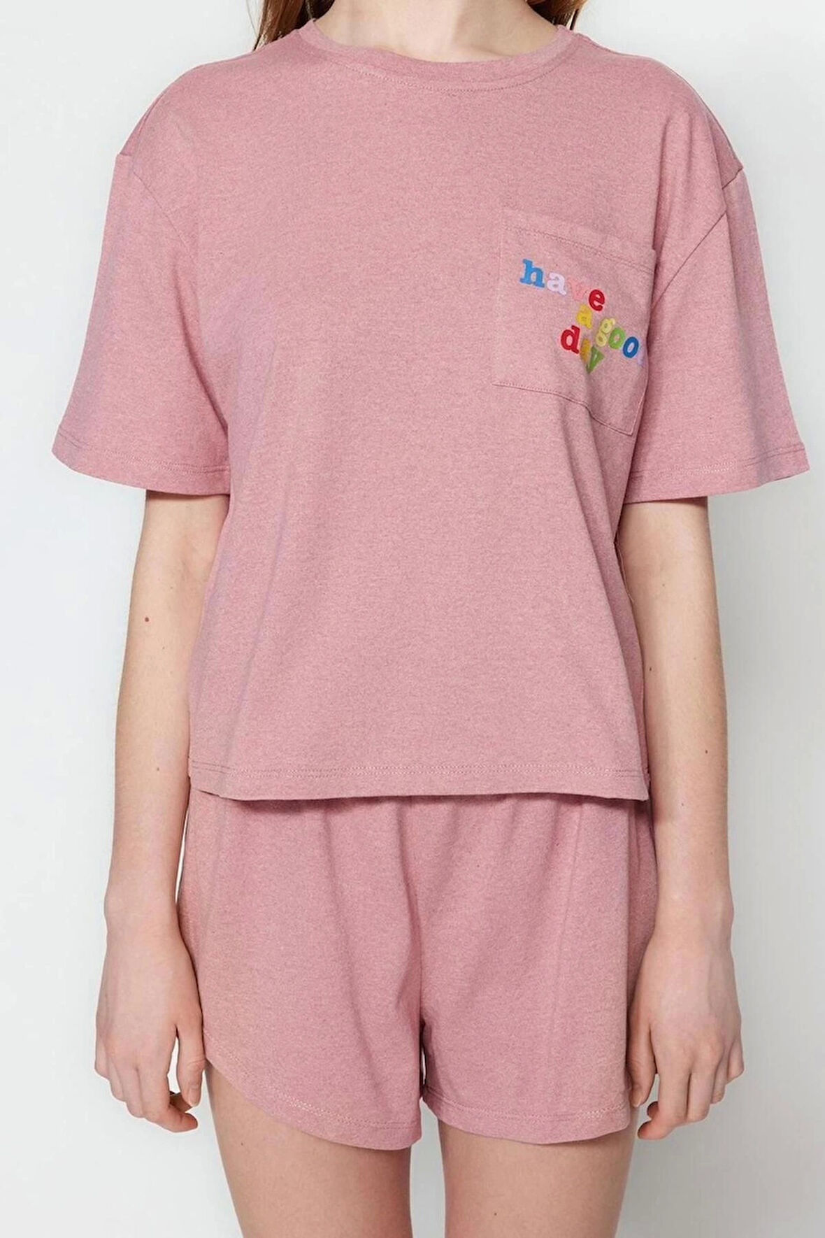 Kadın %100 Pamuk Bisiklet Yaka Kısa Kol 100% Pamuk Slogan Baskılı T-shirt-Şort Örme Pijama Takımı