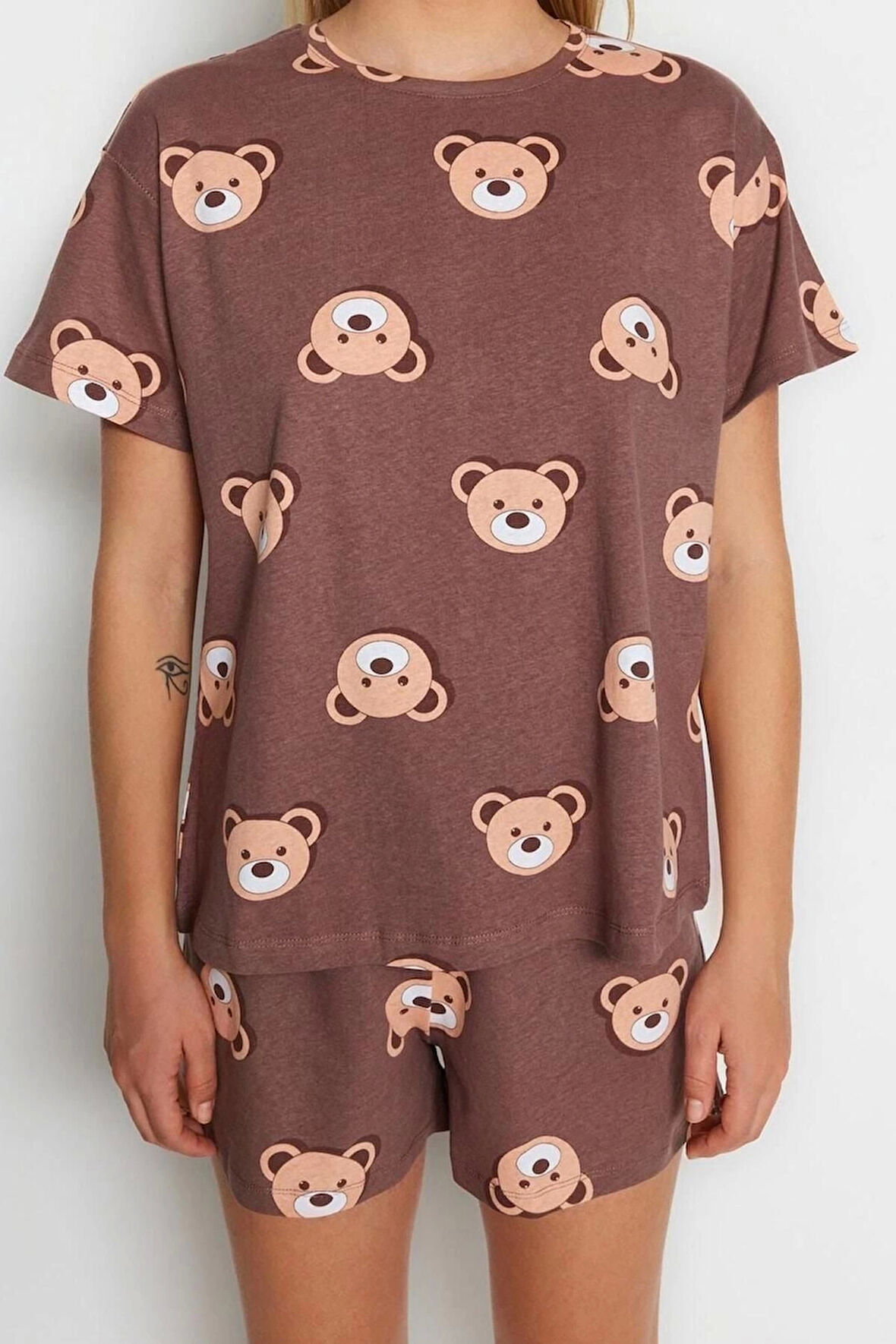 Kadın %100 Pamuk Bisiklet Yaka Kısa Kol %100 Pamuk Ayıcık Desenli T-shirt-Şort Örme Pijama Takımı