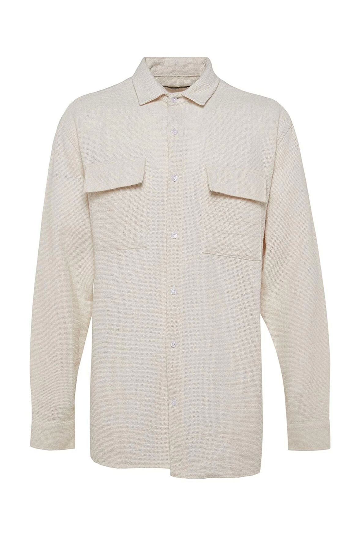 Erkek Moda Uzun Kol Dokuma Ekru Oversize Fit Keten Dokulu Gömlek