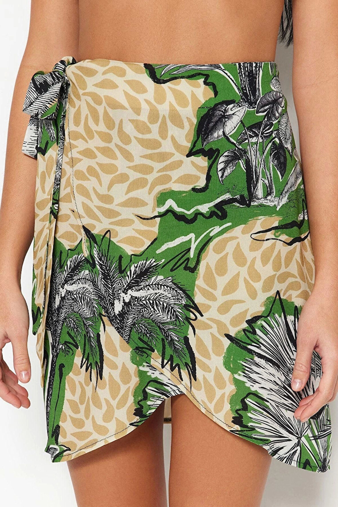 Kadın Moda Stil Mini Astarsız Dokuma Tropikal Desenli Mini Dokuma Bağlamalı Etek