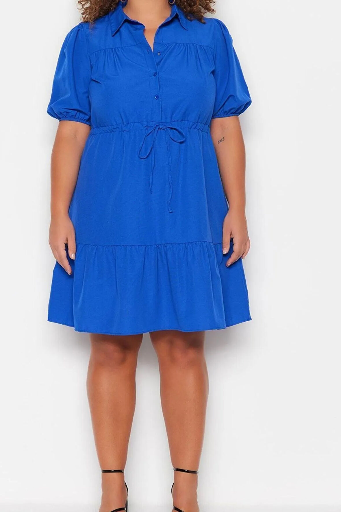 Yeni Oversize Terrycotton Dokuma Gömlek Yaka Kısa Kol Gömlek Elbise Mini Boy Büyük Beden Elbise