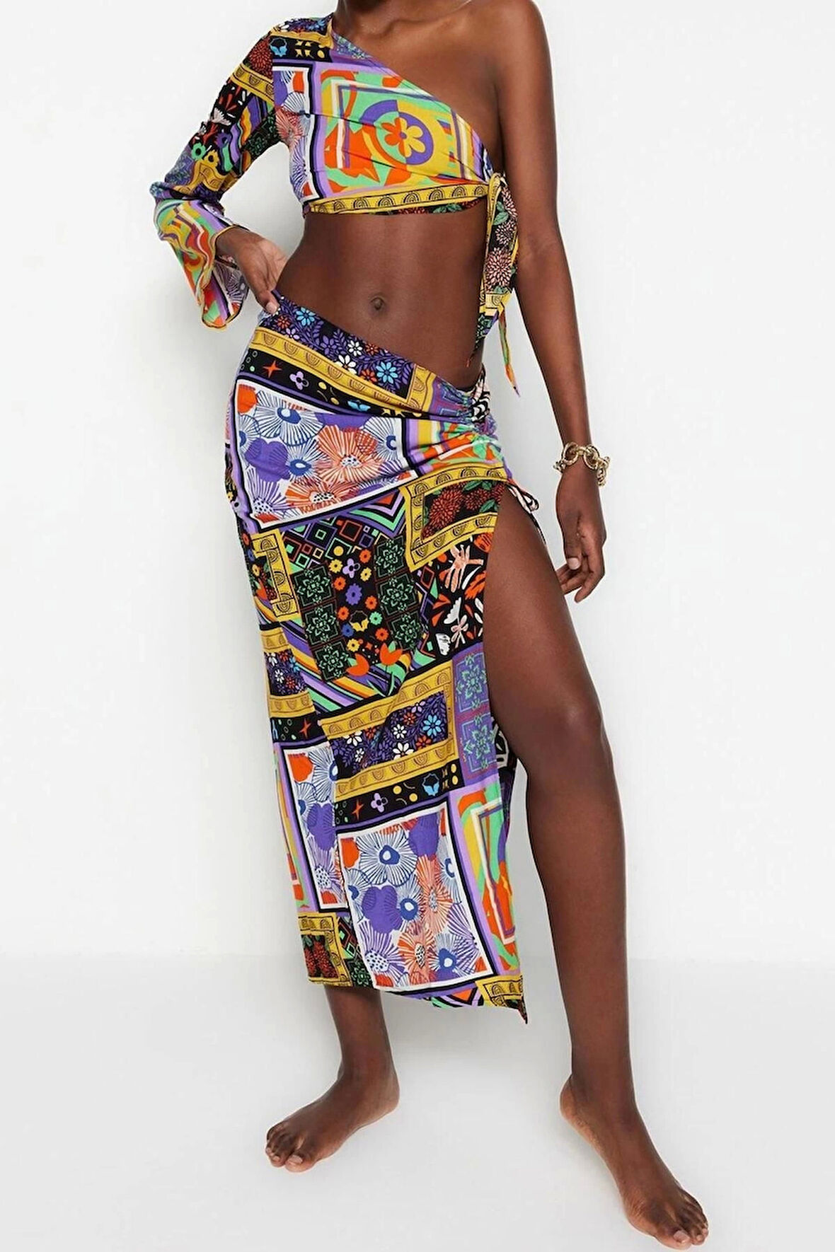 Kadın Moda Şık Boru Paça Uzun Boy Uzun Kollu Etnik Desenli Dokuma Bağlamalı Tek Omuz Bluz Etek Takım