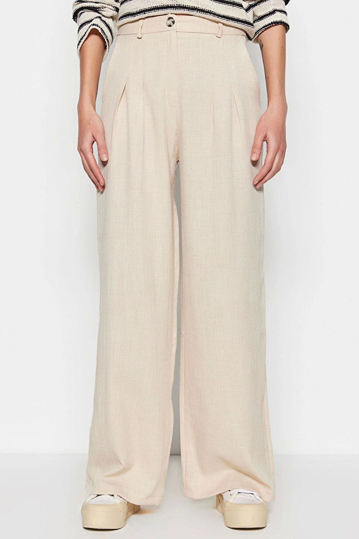 Kadın Yeni Moda Geniş Paça Uzun Boy Dokuma Keten Görünümlü Wide Leg Geniş Paça Pantolon