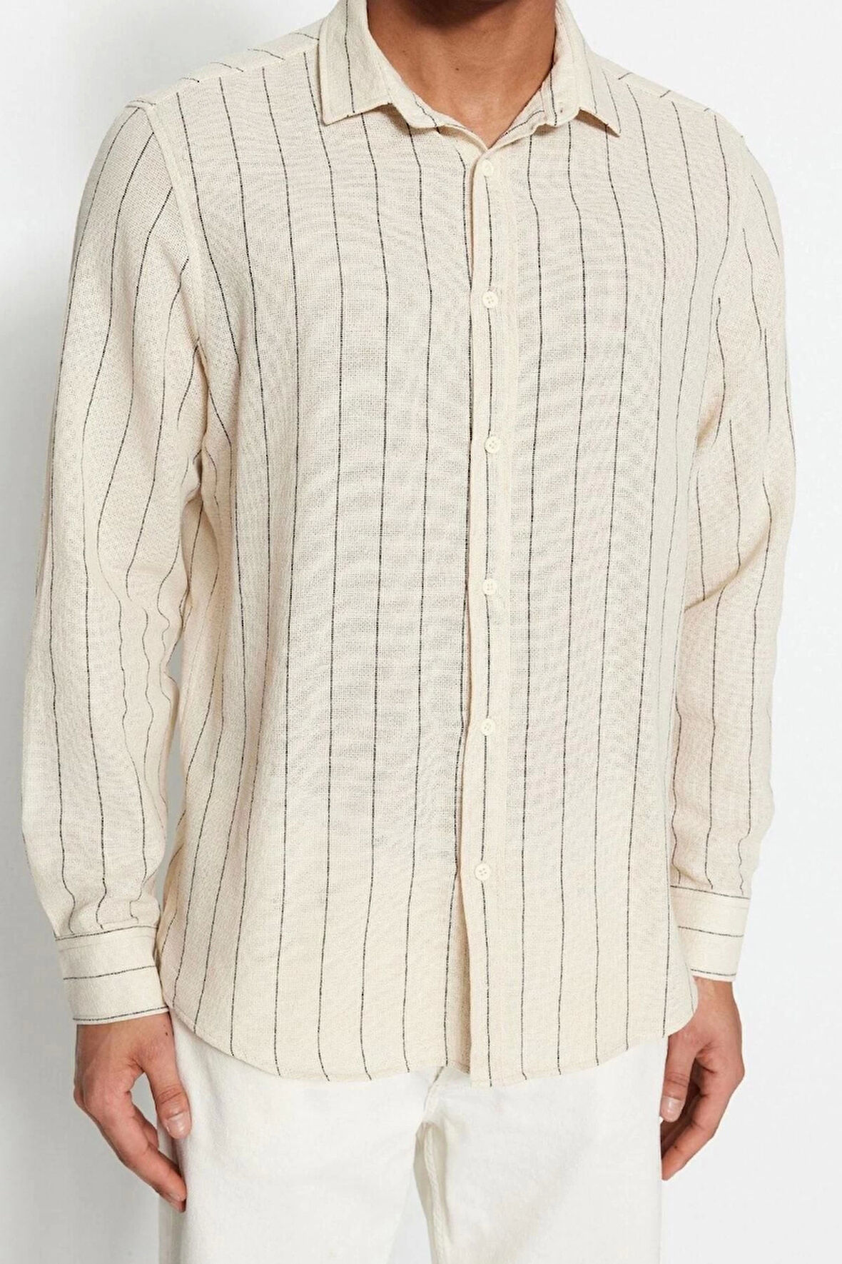 Erkek Moda Uzun Kol Dokuma Siyah Çizgili Regular Fit Dokulu Gömlek