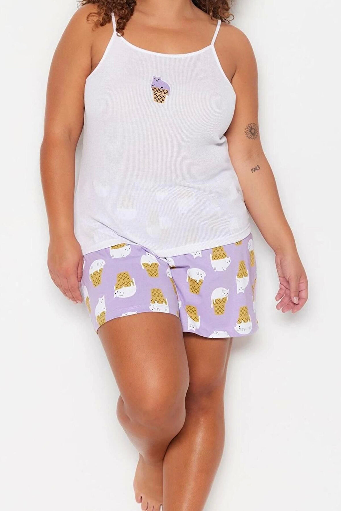 Büyük Beden Kadın Polyester Kare Yaka Askılı Kol Baskılı Askılı Örme Pijama Takımı