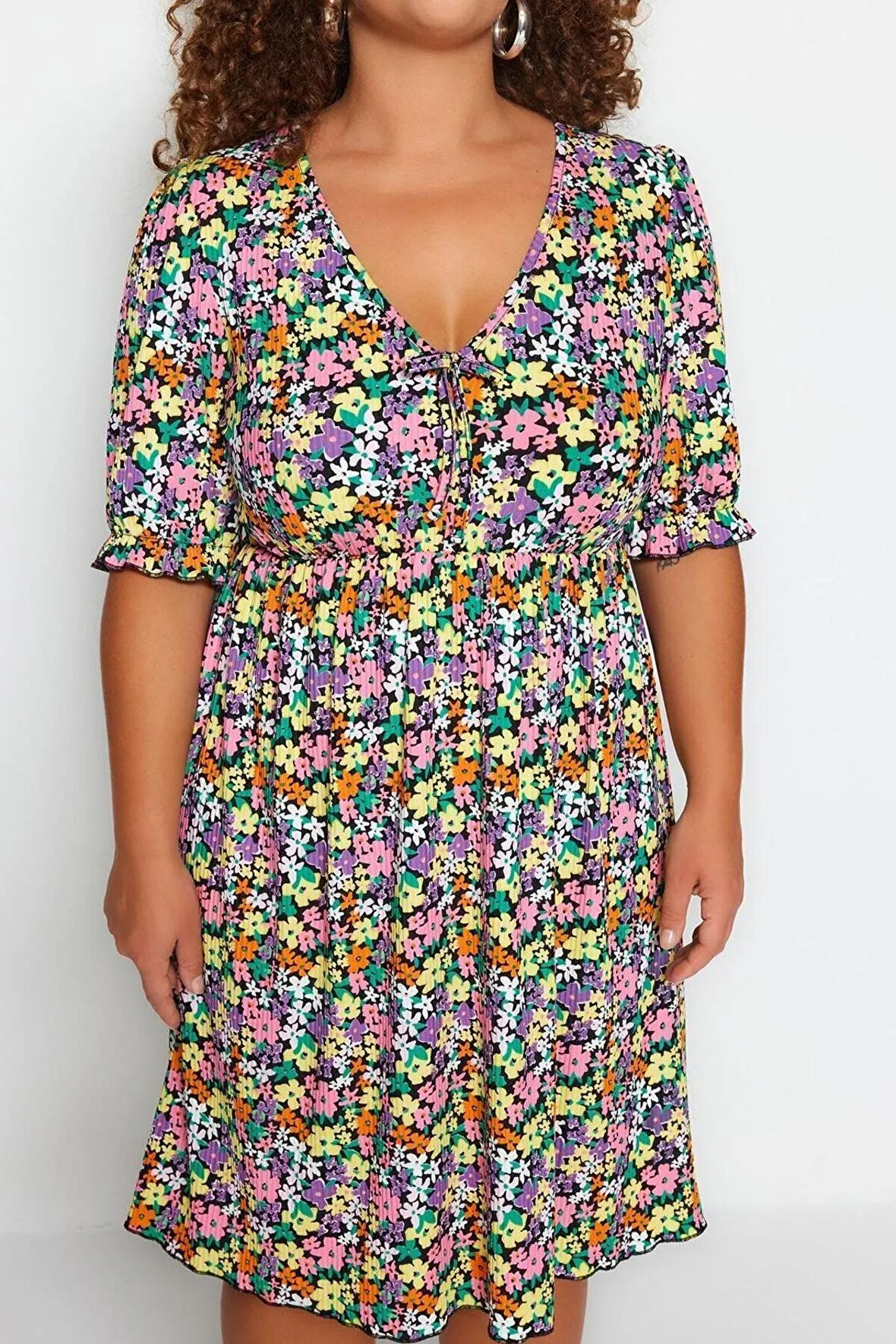 Yeni Slim Casual Günlük Kaşkorse Örme V Yaka Kısa Kol Skater Mini Boy Büyük Beden Elbise