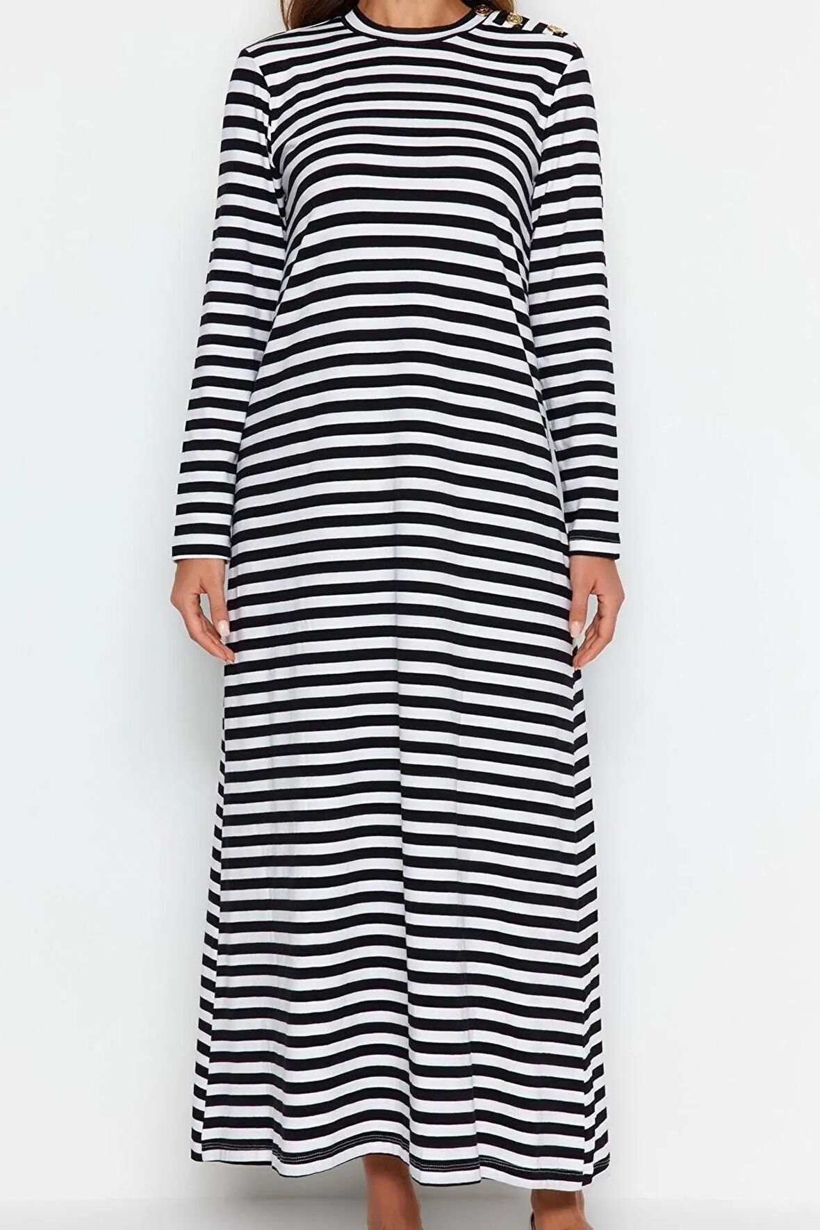 Yeni Regular Casual Günlük Ringel Örme Dik Yaka Uzun Kol Basic Maxi Boy Tesettür Elbise