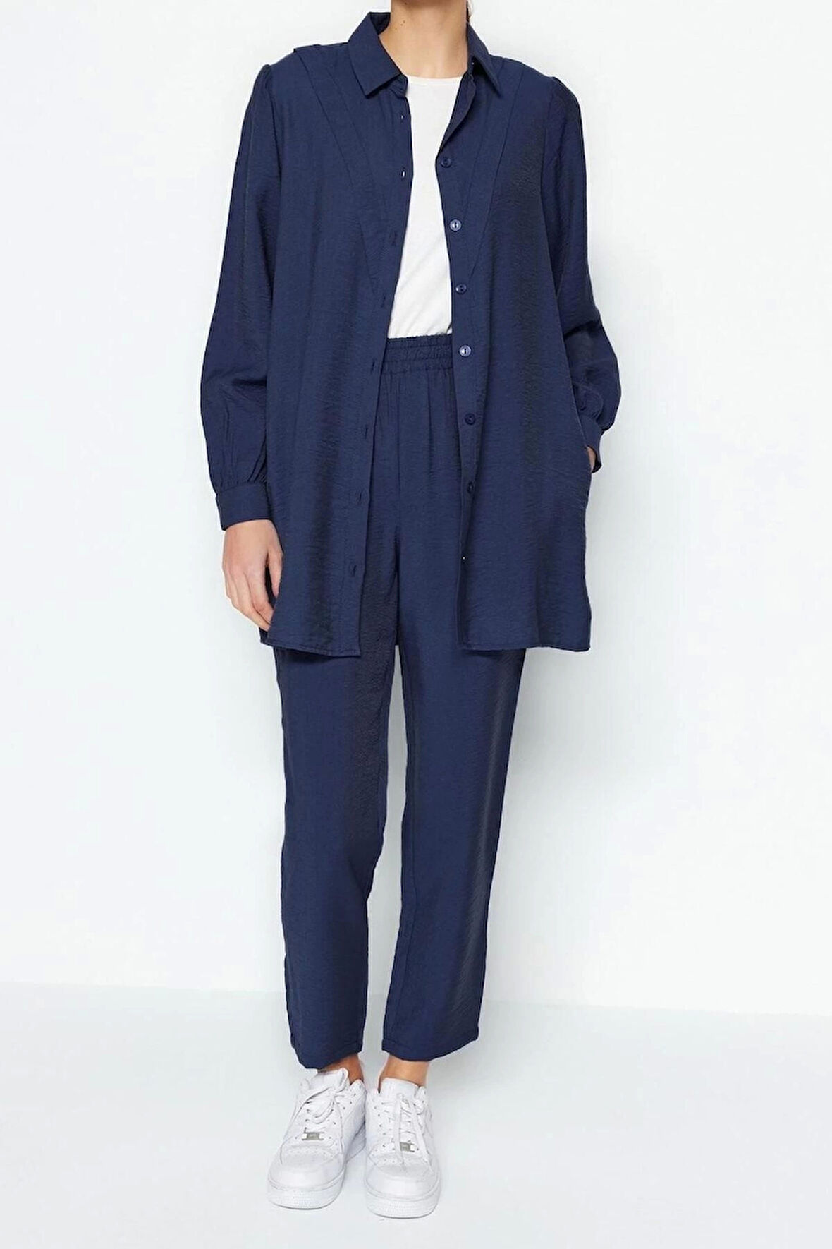 Kadın Moda Şık Geniş Paça Regular Boy Uzun Kollu Keten Görünümlü Gömlek-Pantolon Dokuma Takım