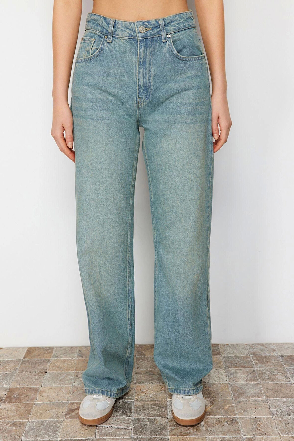 Kadın Moda Şık Kot Pantolon Geniş Paça Uzun Boy Denim Mavi Soluk Vintage Yüksek Bel Jeans