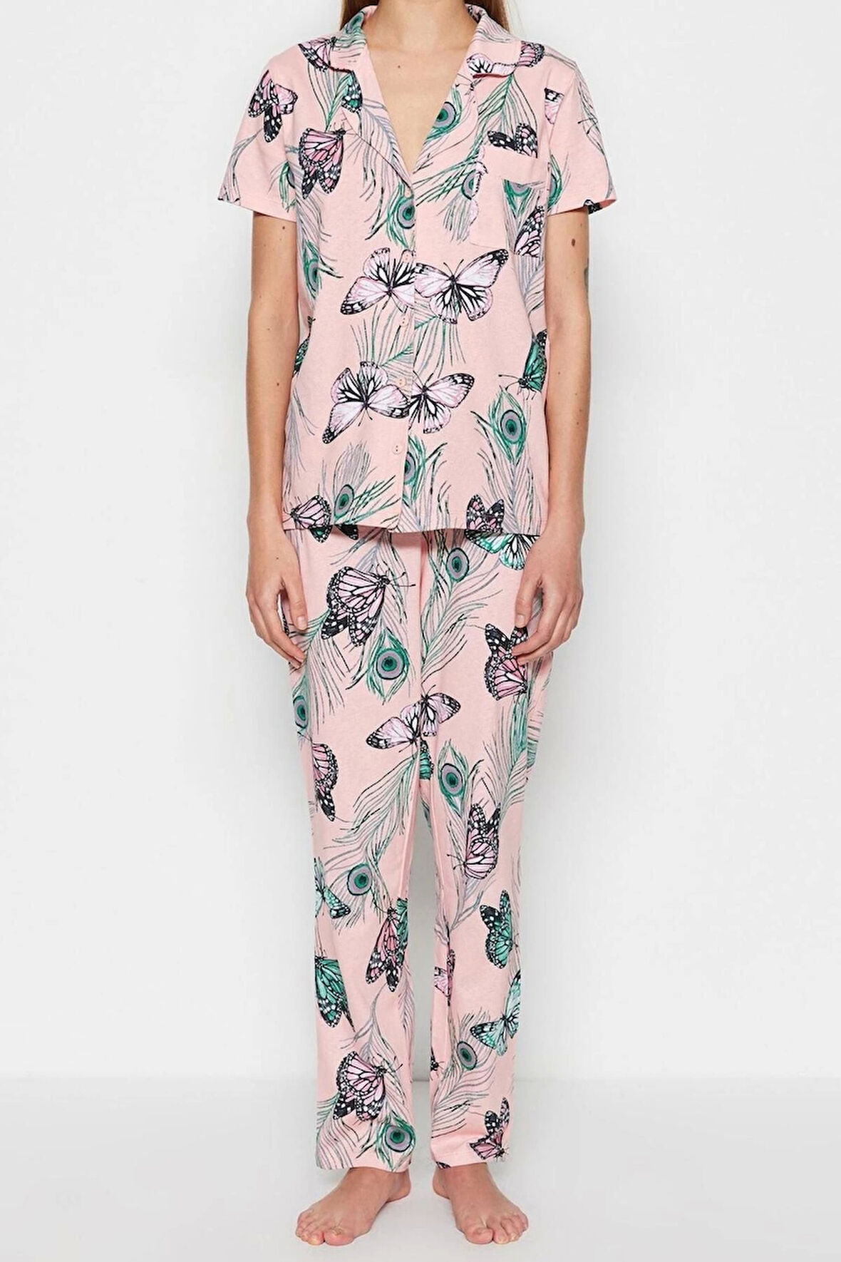 Kadın %100 Pamuk Gömlek Yaka Kısa Kol %100 Pamuk Çiçek Desenli Gömlek-Pantolon Örme Pijama Takımı