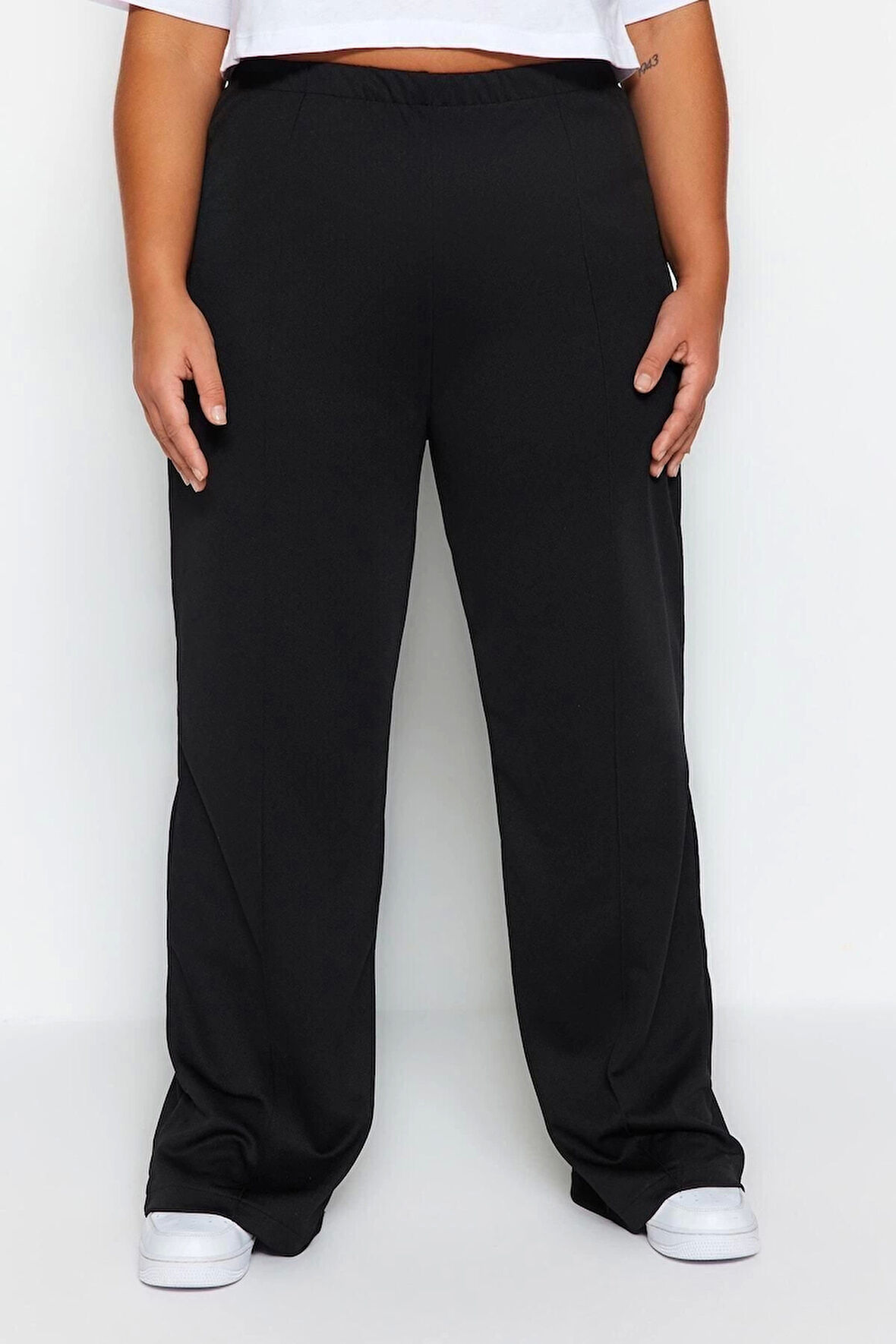 Kadın Yeni Moda Büyük Beden Geniş Paça Regular Boy Örme Krep Yüksek Bel Nervürlü Örme Pantolon