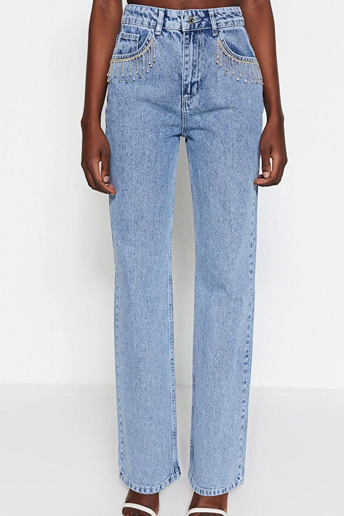 Kadın Moda Şık Kot Pantolon Geniş Paça Uzun Boy Denim Mavi Aksesuar Detaylı Yüksek Bel Jeans