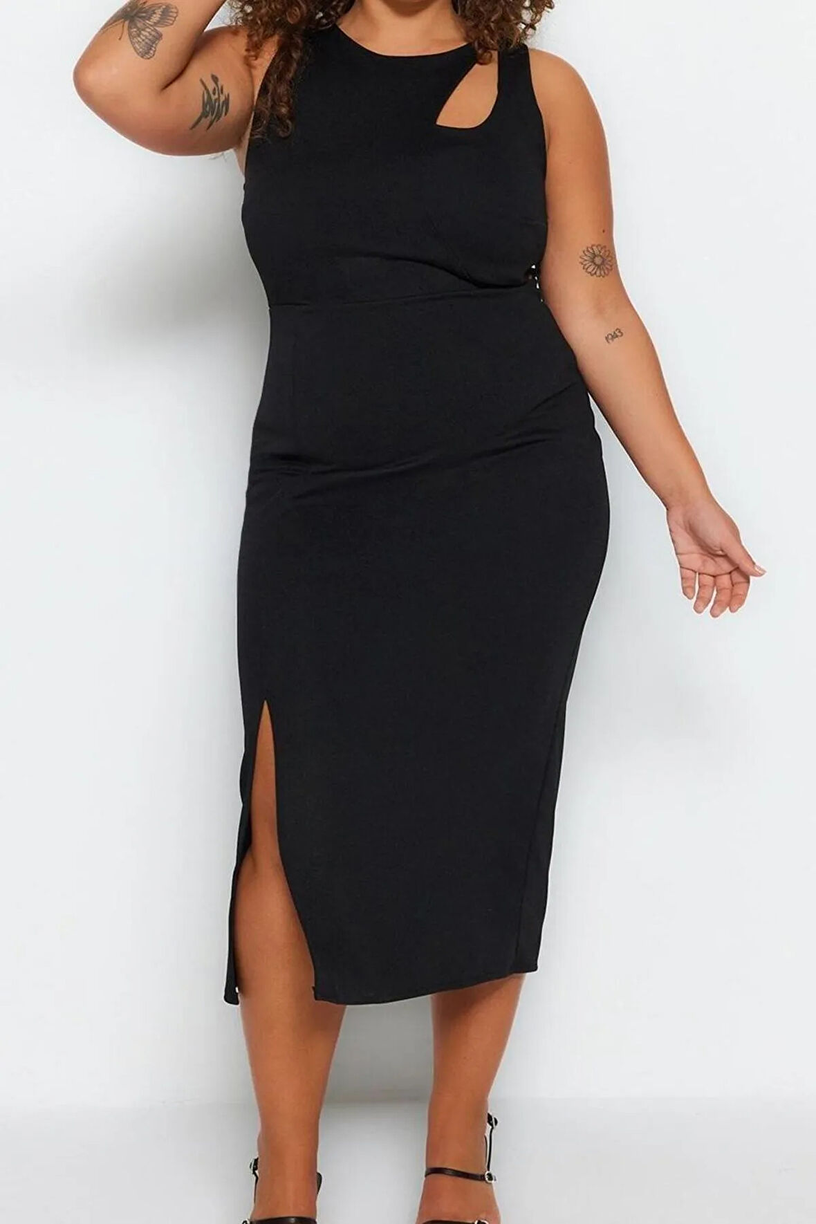 Yeni Fit Gündüz Gece Krep Örme Bisiklet Yaka Kolsuz Kol Bodycone Midi Boy Büyük Beden Elbise