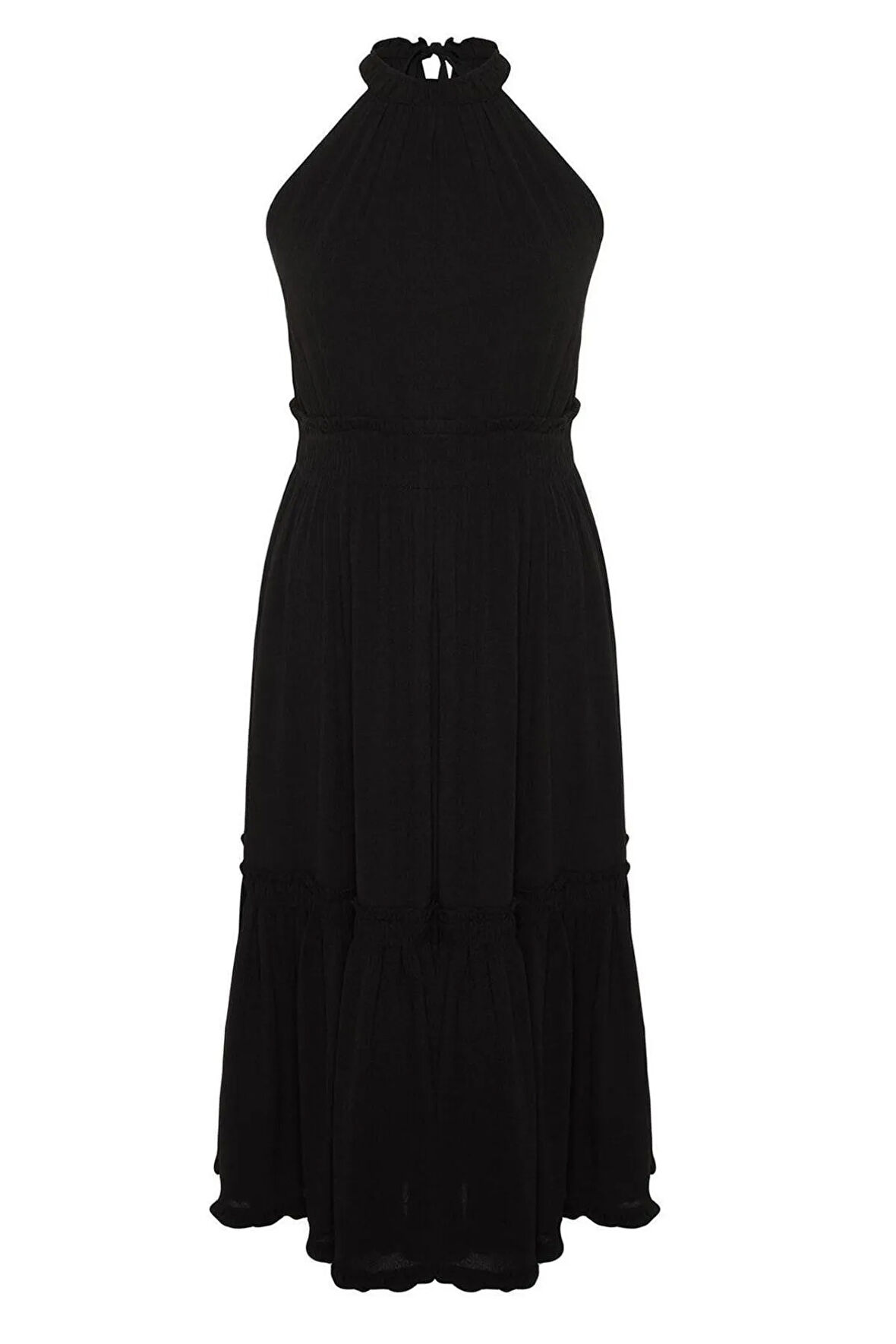 Yeni Rahat Casual Günlük Crinkle Dokuma Bisiklet Yaka Kolsuz Kol A-Line Midi Boy Büyük Beden Elbise