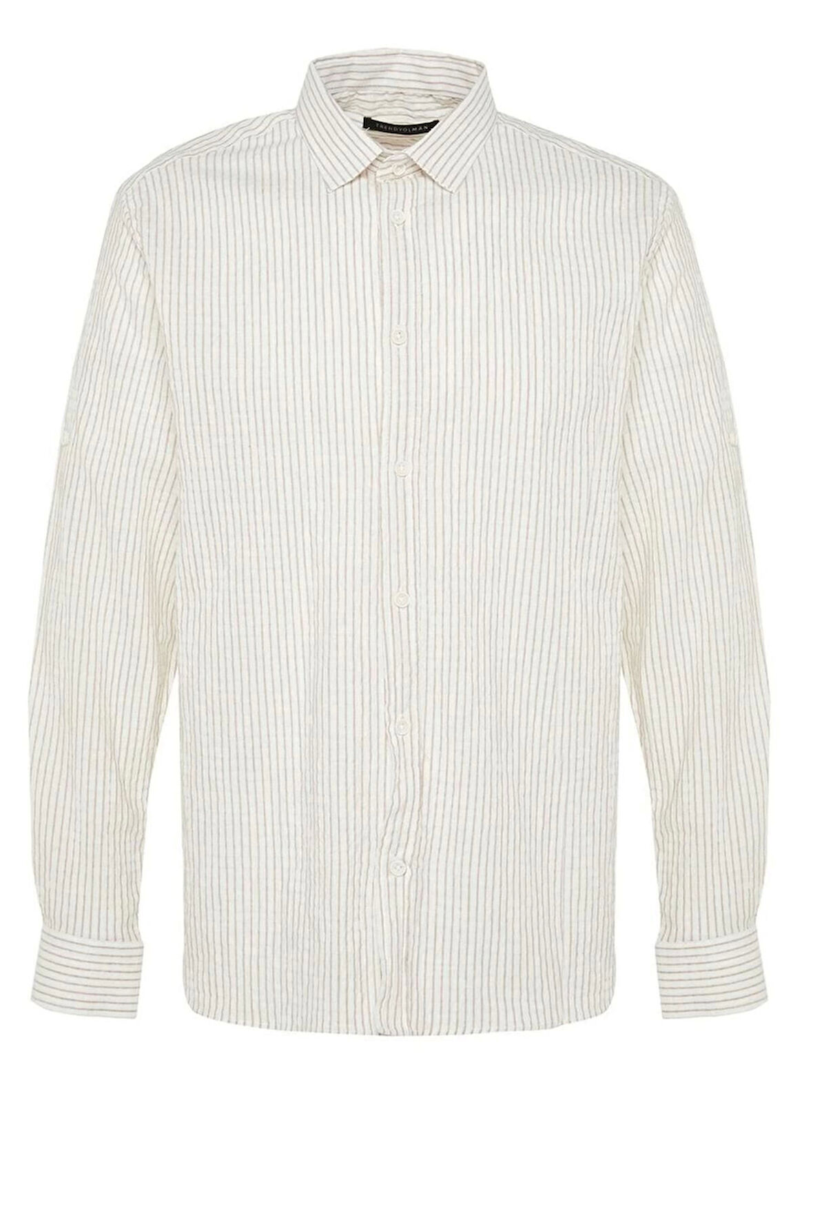 Erkek Moda Uzun Kol Dokuma Camel Limited Edition Regular Fit Keten Karışımlı Çizgili Gömlek