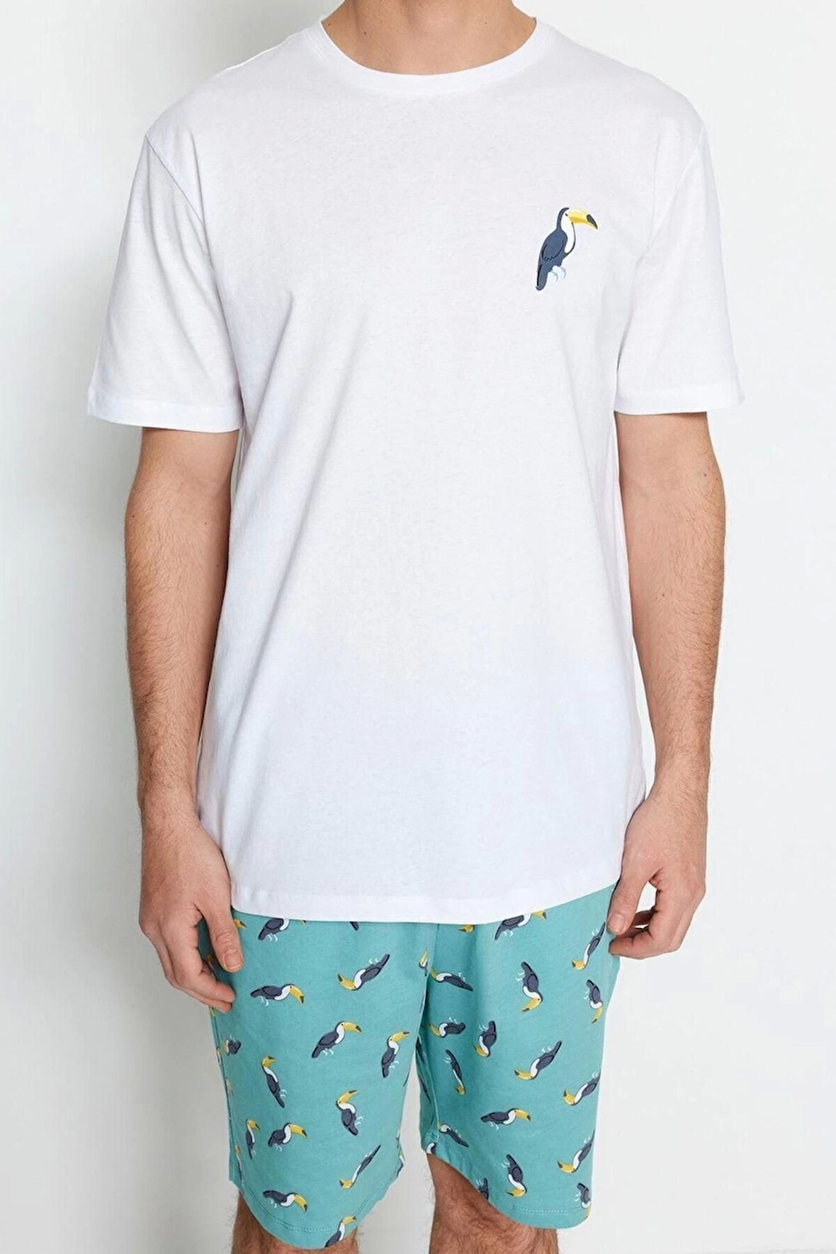 Erkek Pamuklu Bisiklet Yaka Kısa Kol Yeşil Regular Fit Örme Şortlu Pijama Takımı