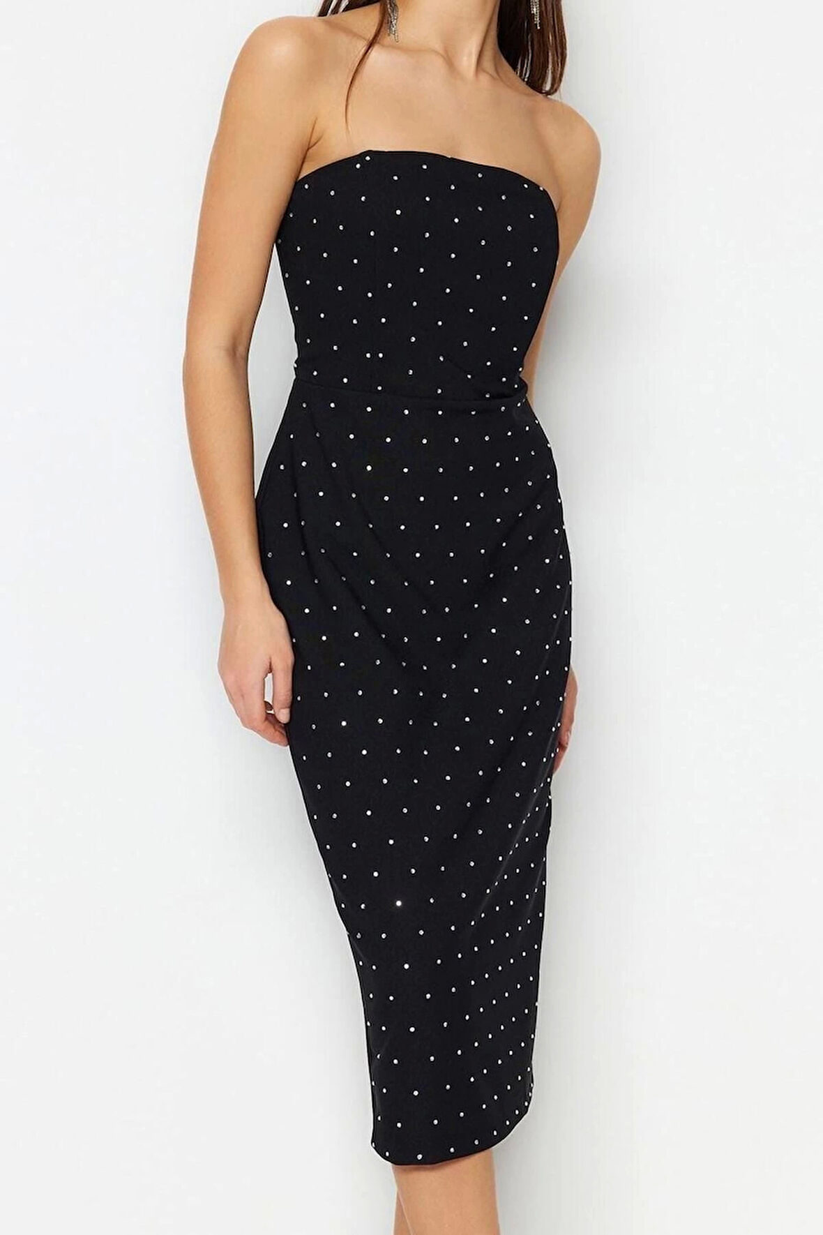 Yeni Fit Mezuniyet Balo Finike Dokuma Straplez Kolsuz Kol Bodycone Midi Boy Elbise