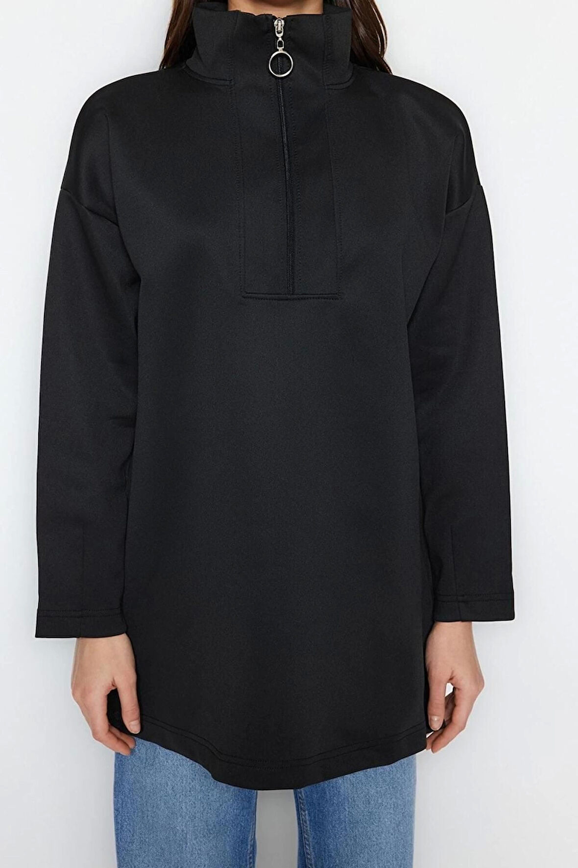 Kadın Tesettür Moda Regular Dik Yaka Düşük Kol Regular Fermuar Detaylı Dalgıç Scuba Örme Sweatshirt