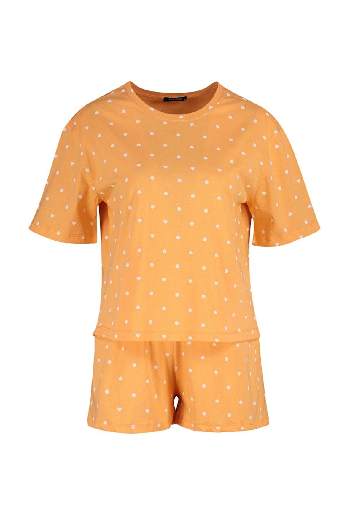 Kadın Bisiklet Yaka Boru Paça Kısa Kol %100 Pamuklu Kalp Desenli T-shirt-Şort Örme Pijama Takımı