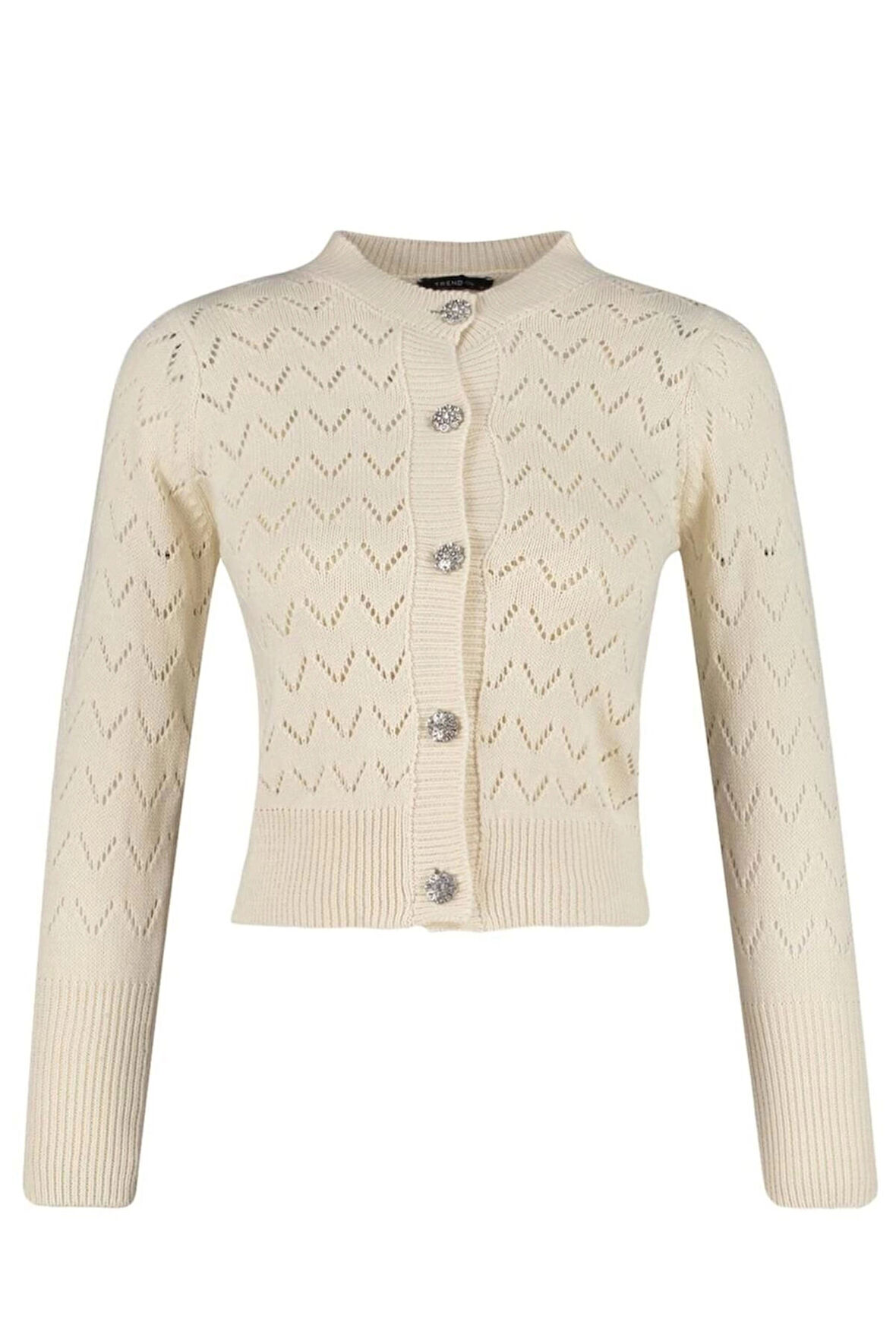 Kadın Moda Şık Regular Bisiklet Yaka Uzun Kol Ajurlu Düğme Detaylı Delikli Bluz-Hırka Takım